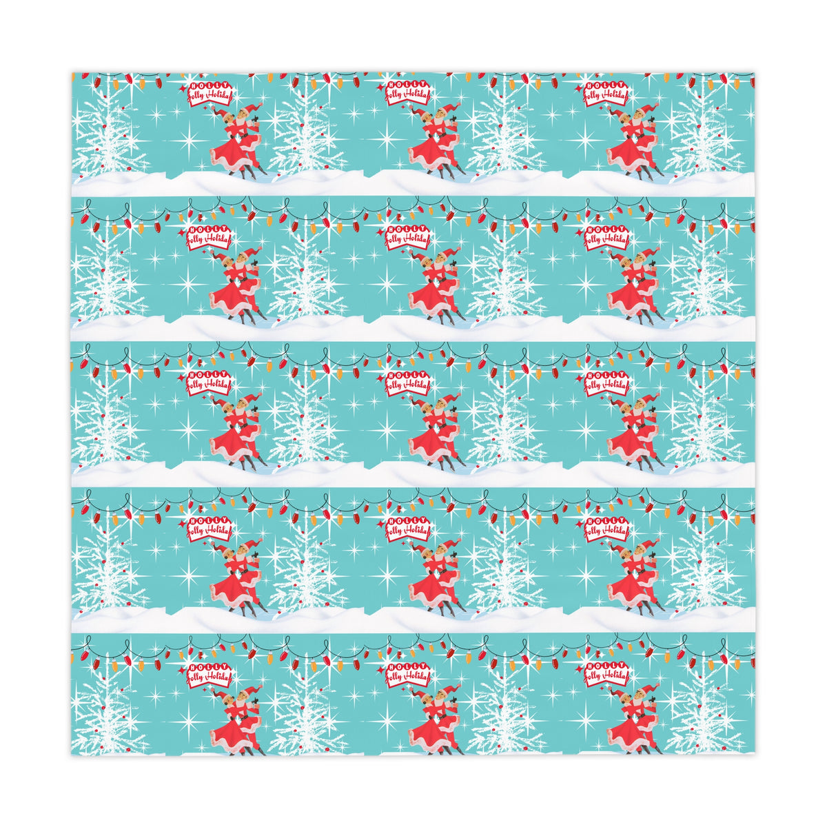 50s Mod Kitschy Couple Retro Christmas Aqua Red, Holiday Tablecloth - Mid Century Modern Gal