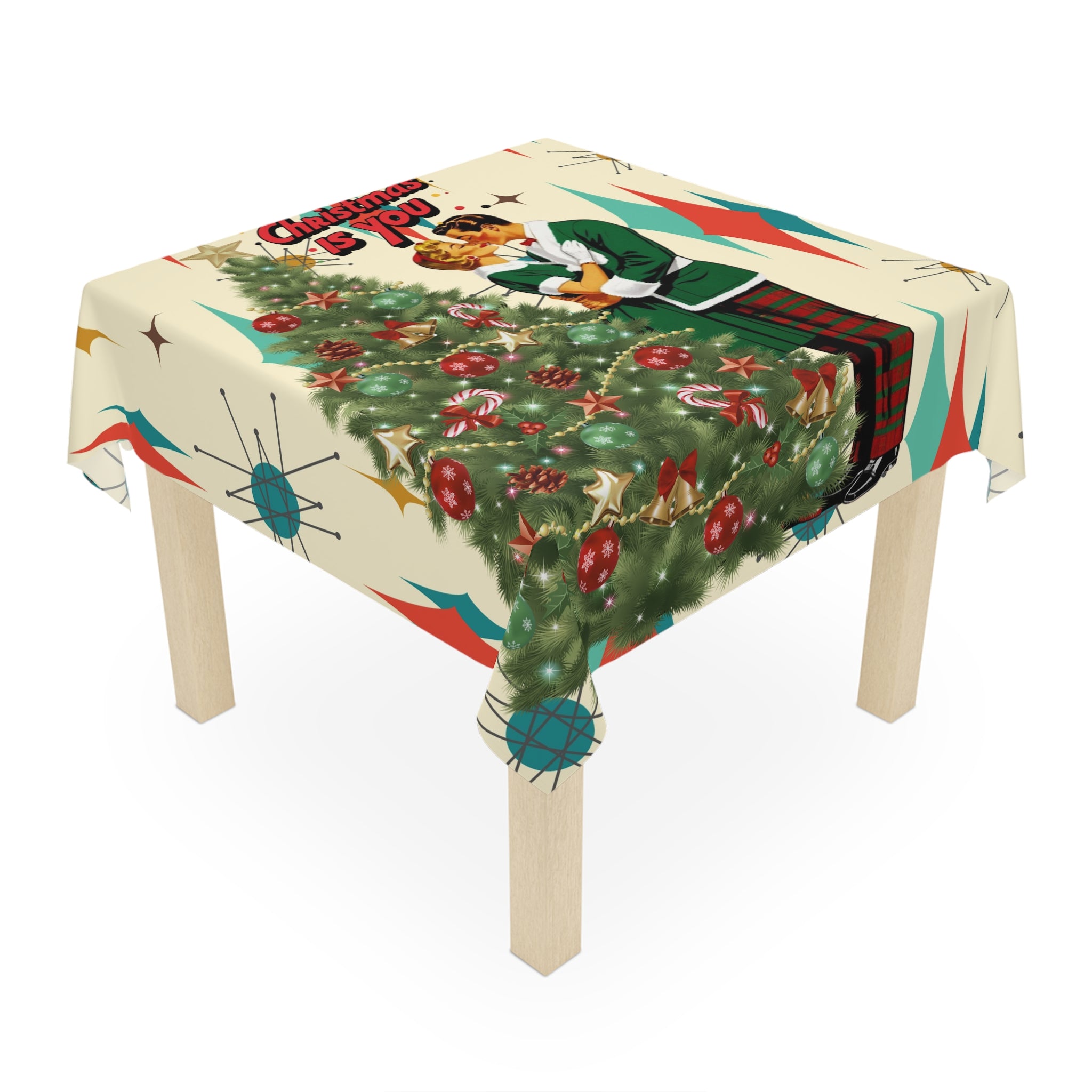 Mid Century Modern Christmas Tablecloth, Franciscan Starburst Pattern "All I Want for Christmas is You" Holiday Decor - Mid Century Modern Gal