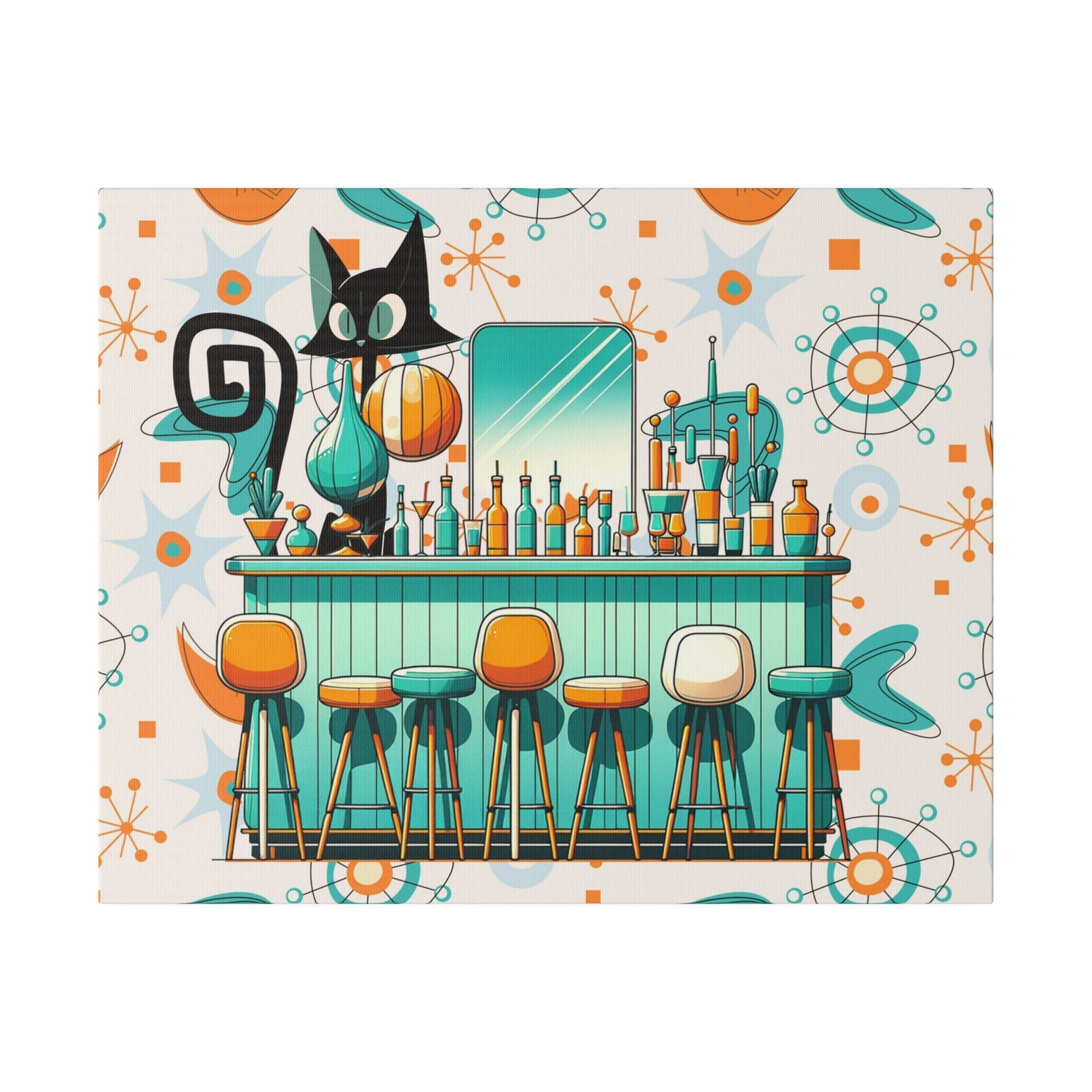 Atomic Cat, Mid Century Modern Kitschy Bar, Orange, Teal Mid Century Modern Wall Art - Mid Century Modern Gal