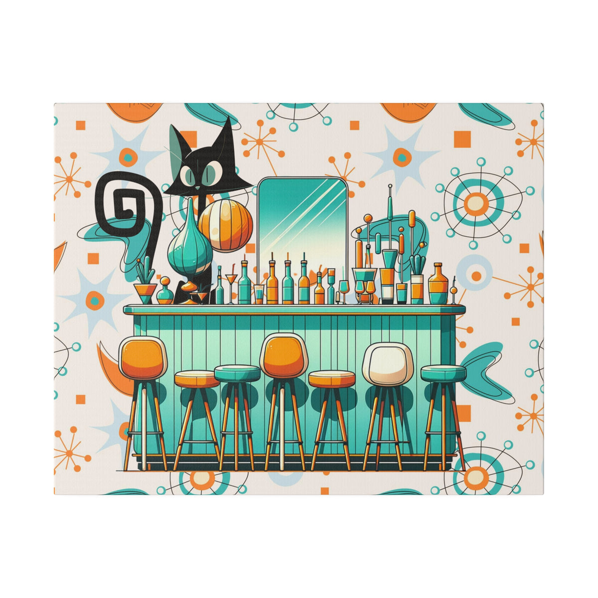 Atomic Cat, Mid Century Modern Kitschy Bar, Orange, Teal Mid Century Modern Wall Art - Mid Century Modern Gal