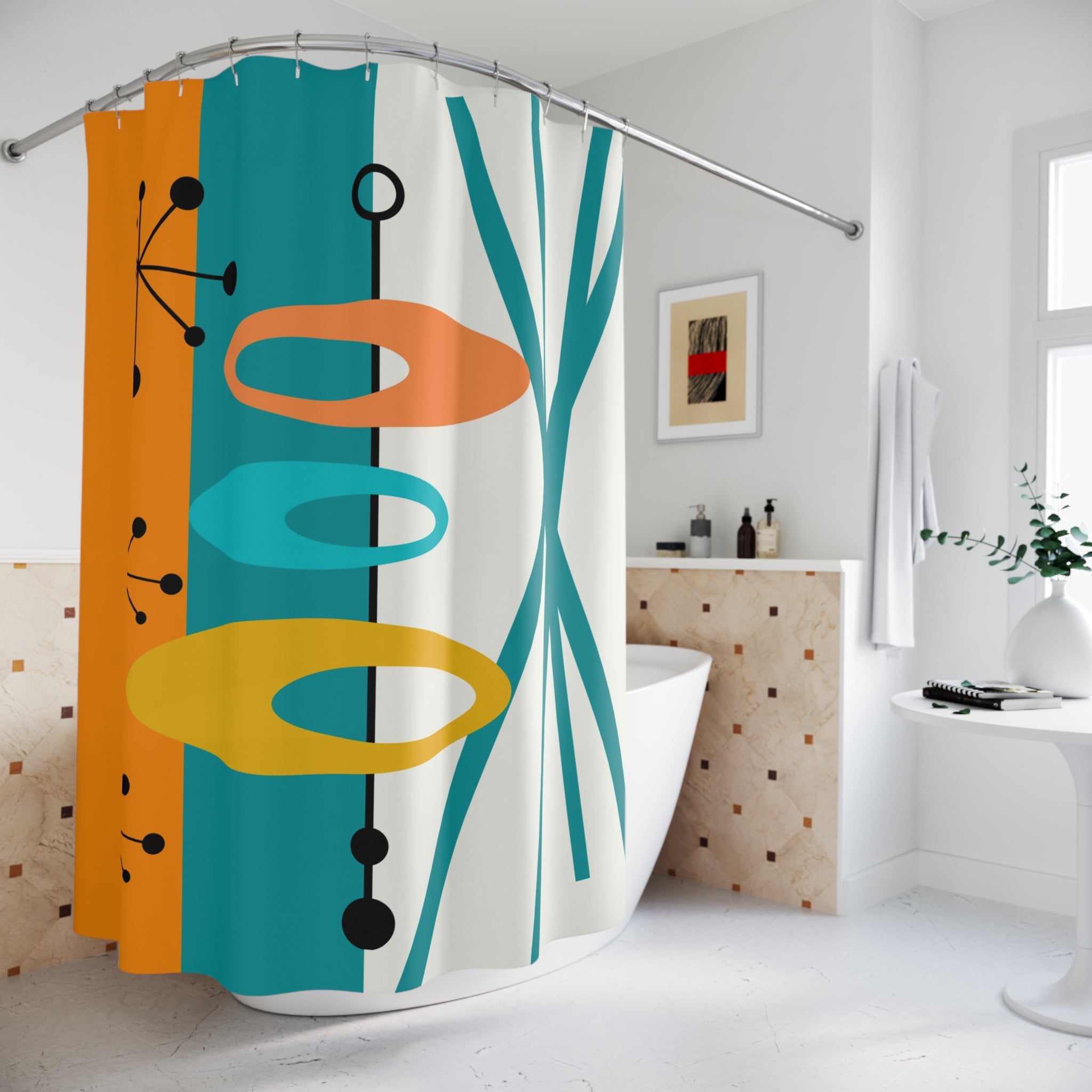 Mid-Century Modern Shower Curtain - Vibrant Orange, Teal Retro Design for Chic Bathrooms - Mid Century Modern Gal