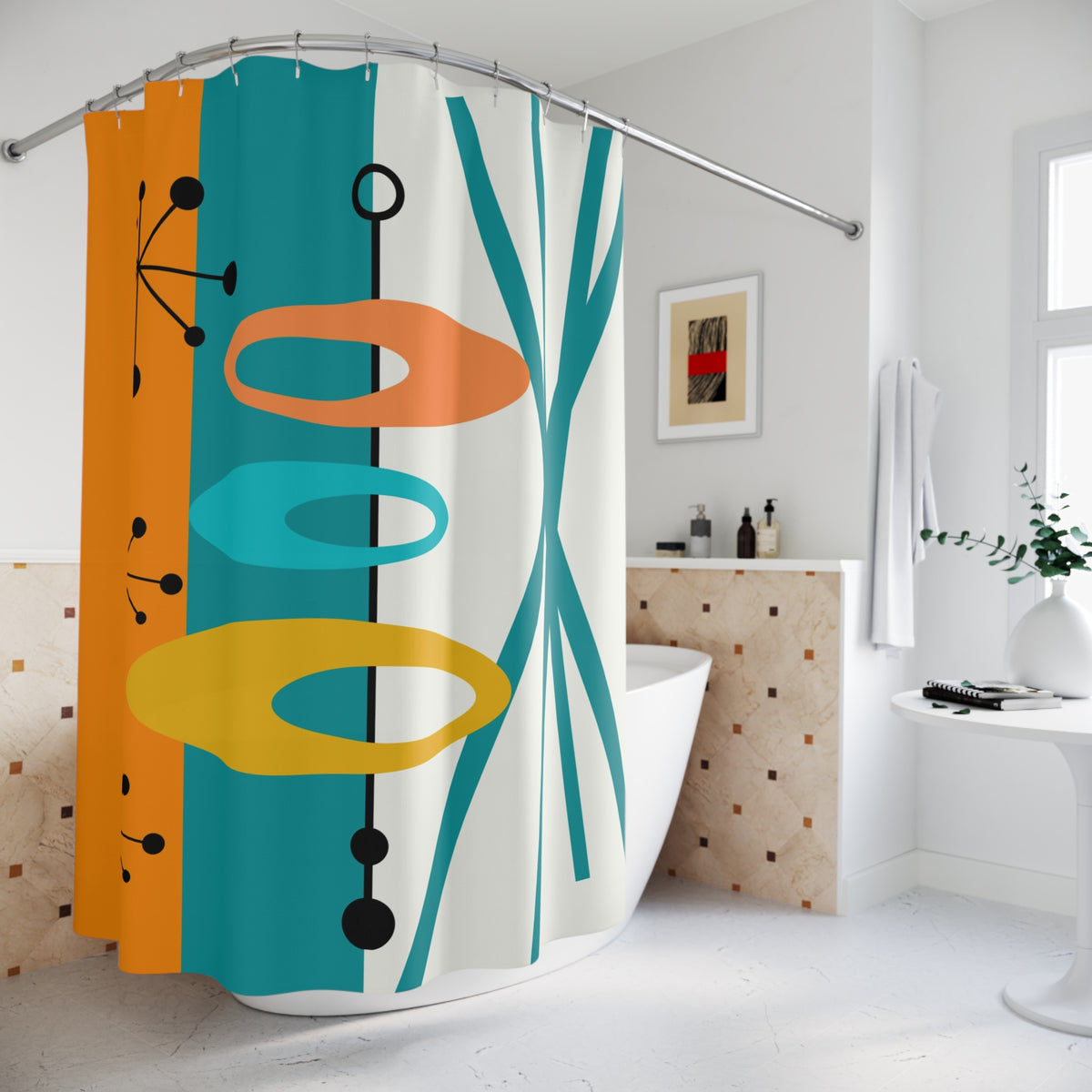 Mid-Century Modern Shower Curtain - Vibrant Orange, Teal Retro Design for Chic Bathrooms - Mid Century Modern Gal
