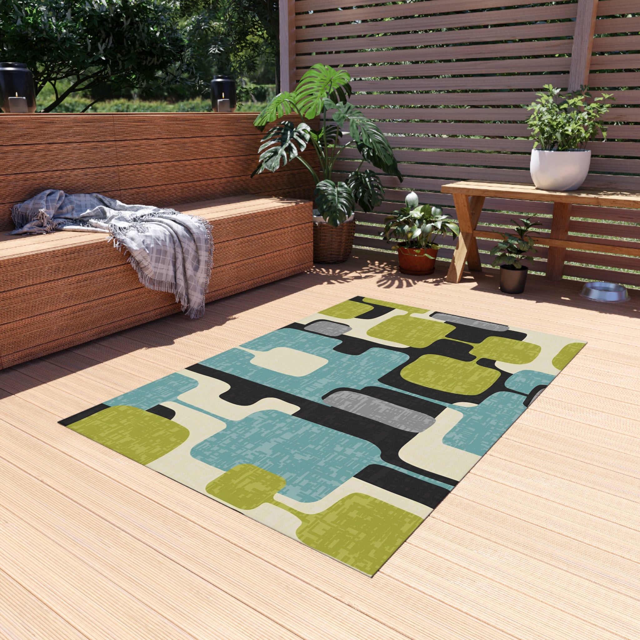 Mid Century Modern Geometric Indoor, Outdoor Area Rug, Lime Green, Aqua Blue, Black - Mid Century Modern Gal