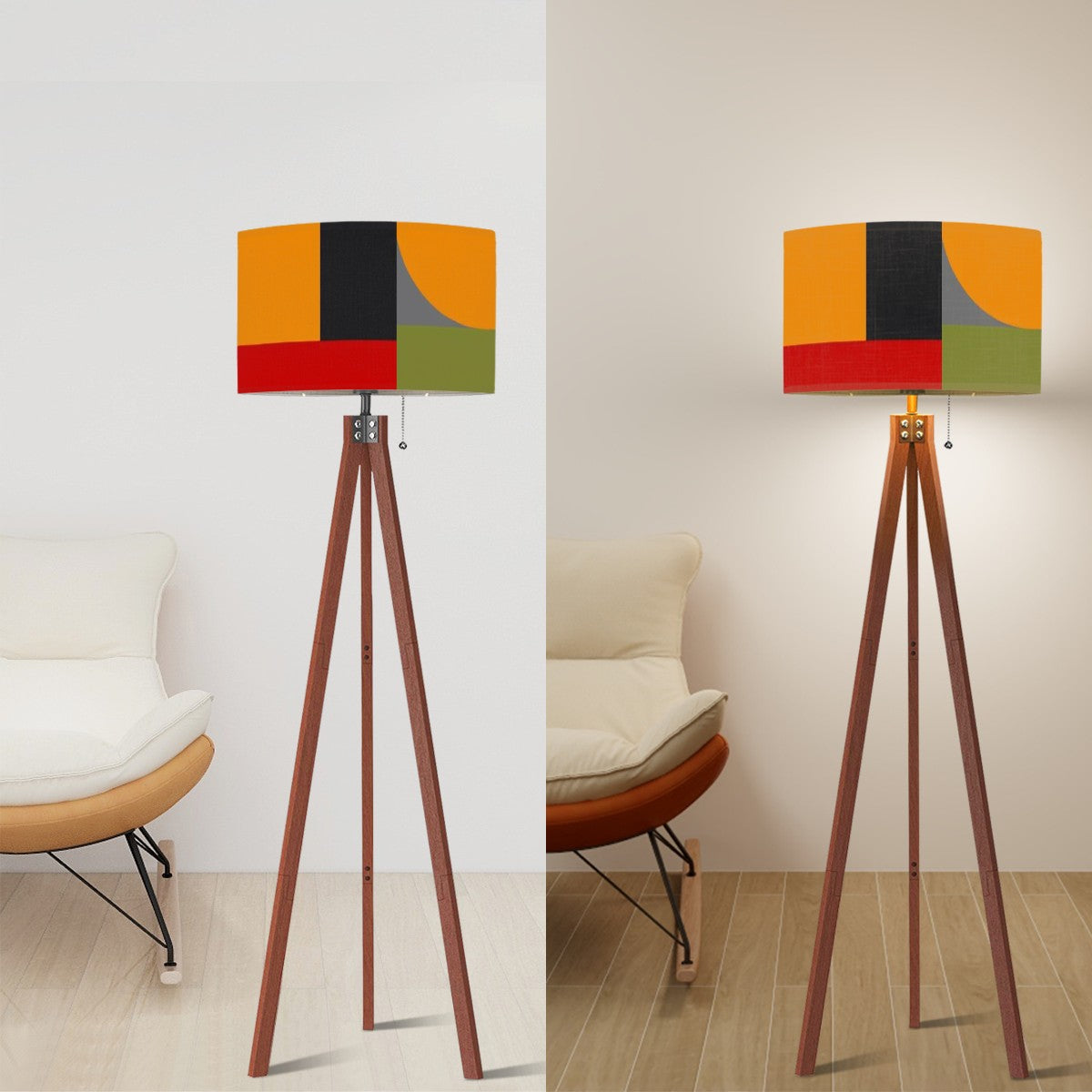Mid Century Modern Wood, Linen Shade Tripod Floor Lamp Geometric Mod Design - Mid Century Modern Gal