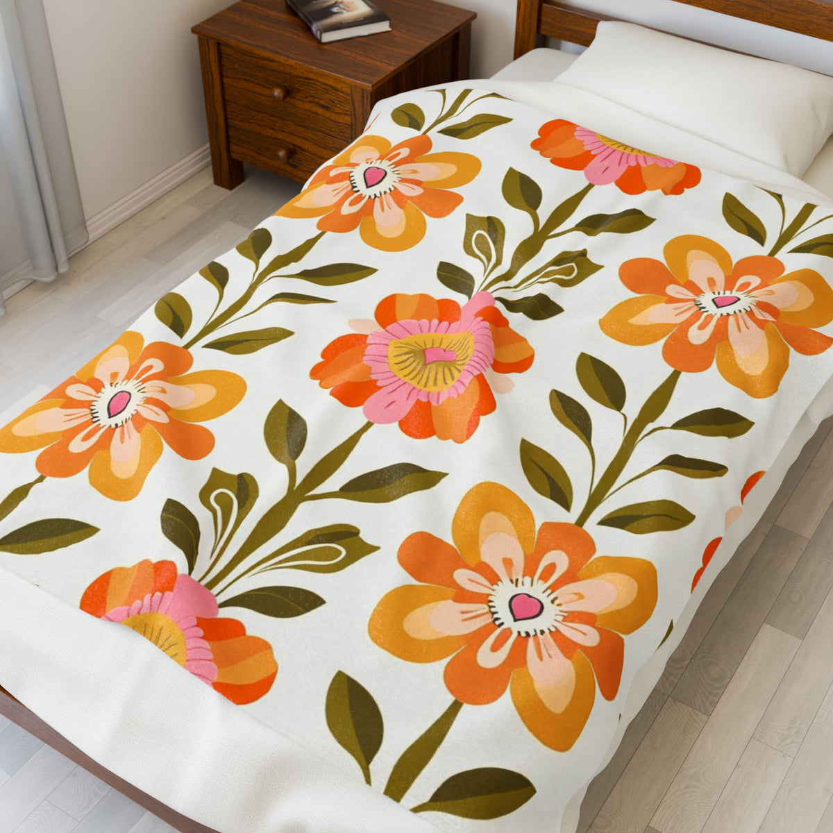 Scandinavian Mid Century Modern Floral Velveteen Plush Blanket - Cozy, Soft Throw for Home Decor & Gift Giving - Mid Century Modern Gal