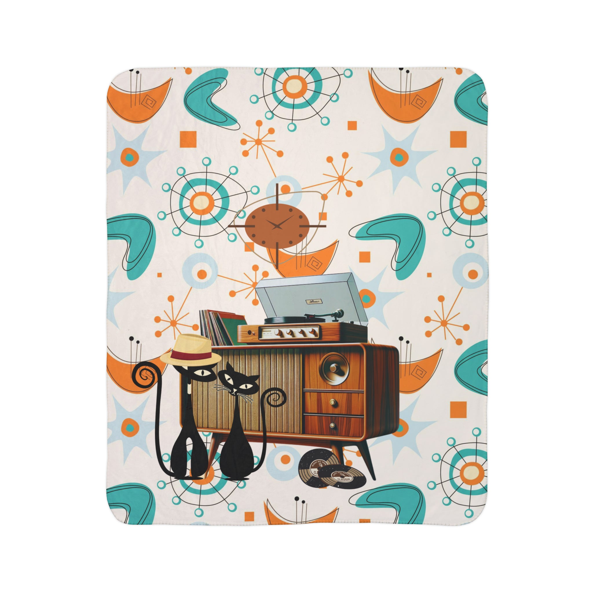 Atomic Cat, Retro Vinyl Console, Couples Gifts, Mid Century Modern Atomic Design Fleece Sherpa Blanket - Mid Century Modern Gal