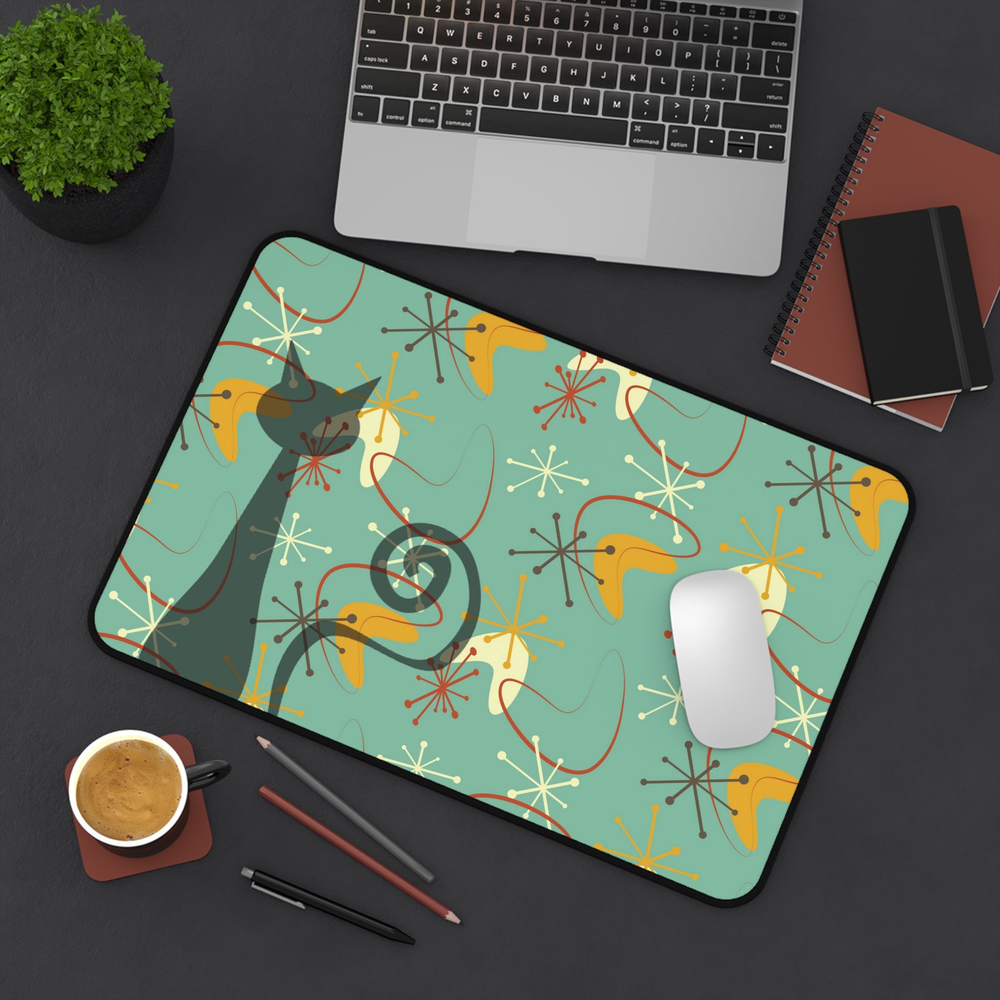 Atomic Cat Boomerang Retro Mid Century Modern Green, Brown, Yellow, Beige MCM Home Decor Desk Mat - Mid Century Modern Gal