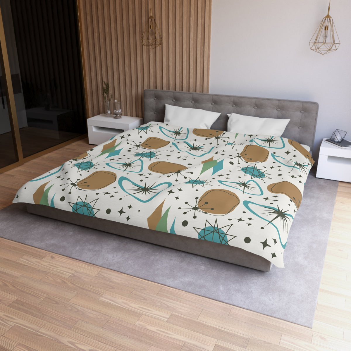 Mid Century Modern Franciscan Starburst Camel Brown, Beige Teal Starburst Retro-Modern Duvet Cover - Mid Century Modern Gal