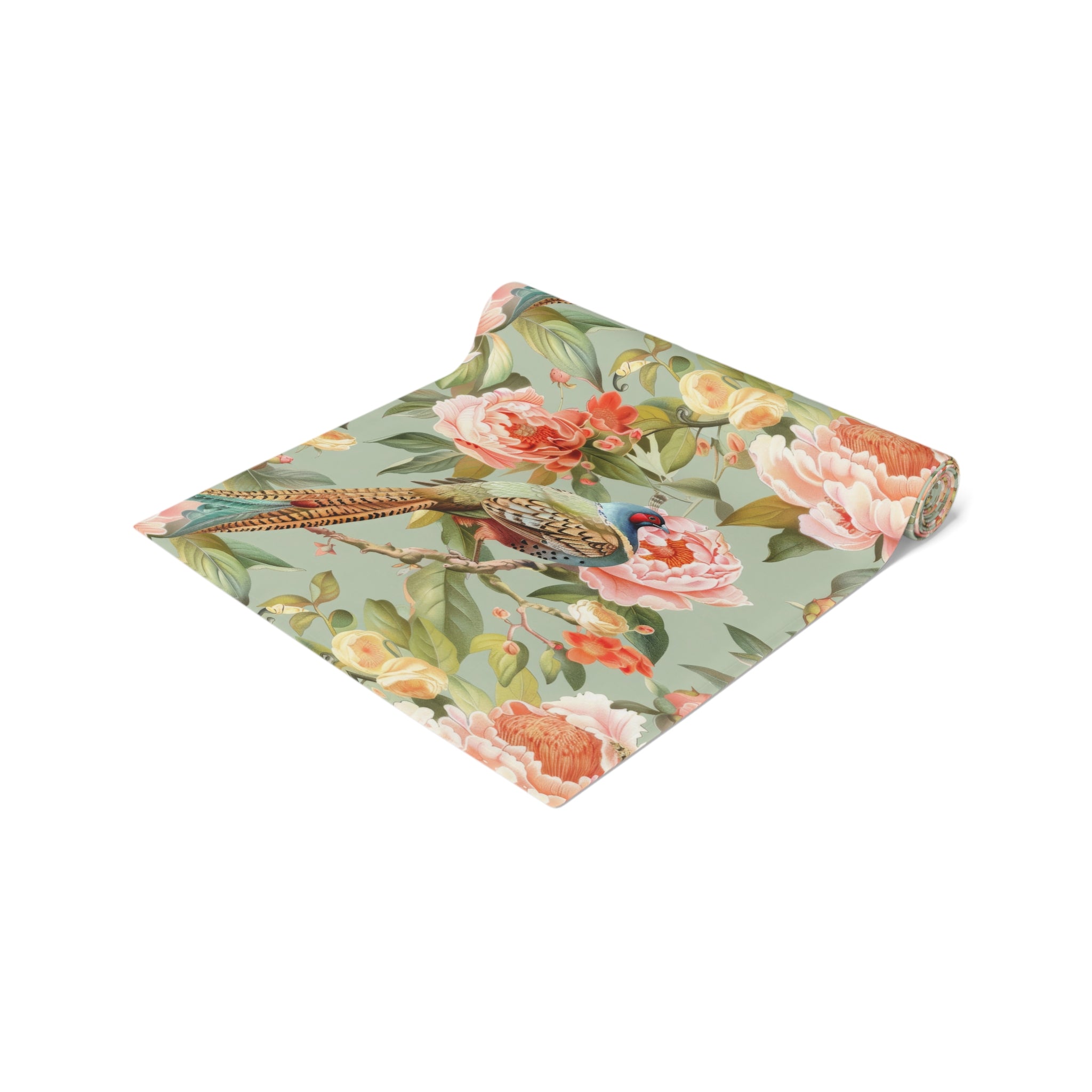 Chinoiserie Pheasant Floral Bird Table Runner - Elegant Table Linens - Mid Century Modern Gal