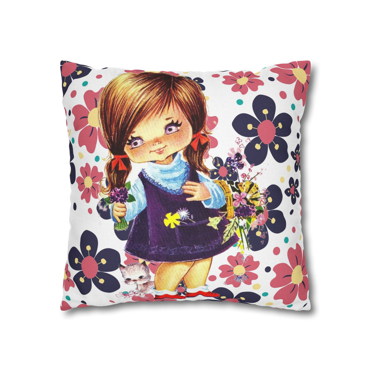 Vintage 60's Big Eyed Cute Girl, Violets, Flower Power, Groovy Hippie Vibes, Pillow COVER Only - Mid Century Modern Gal