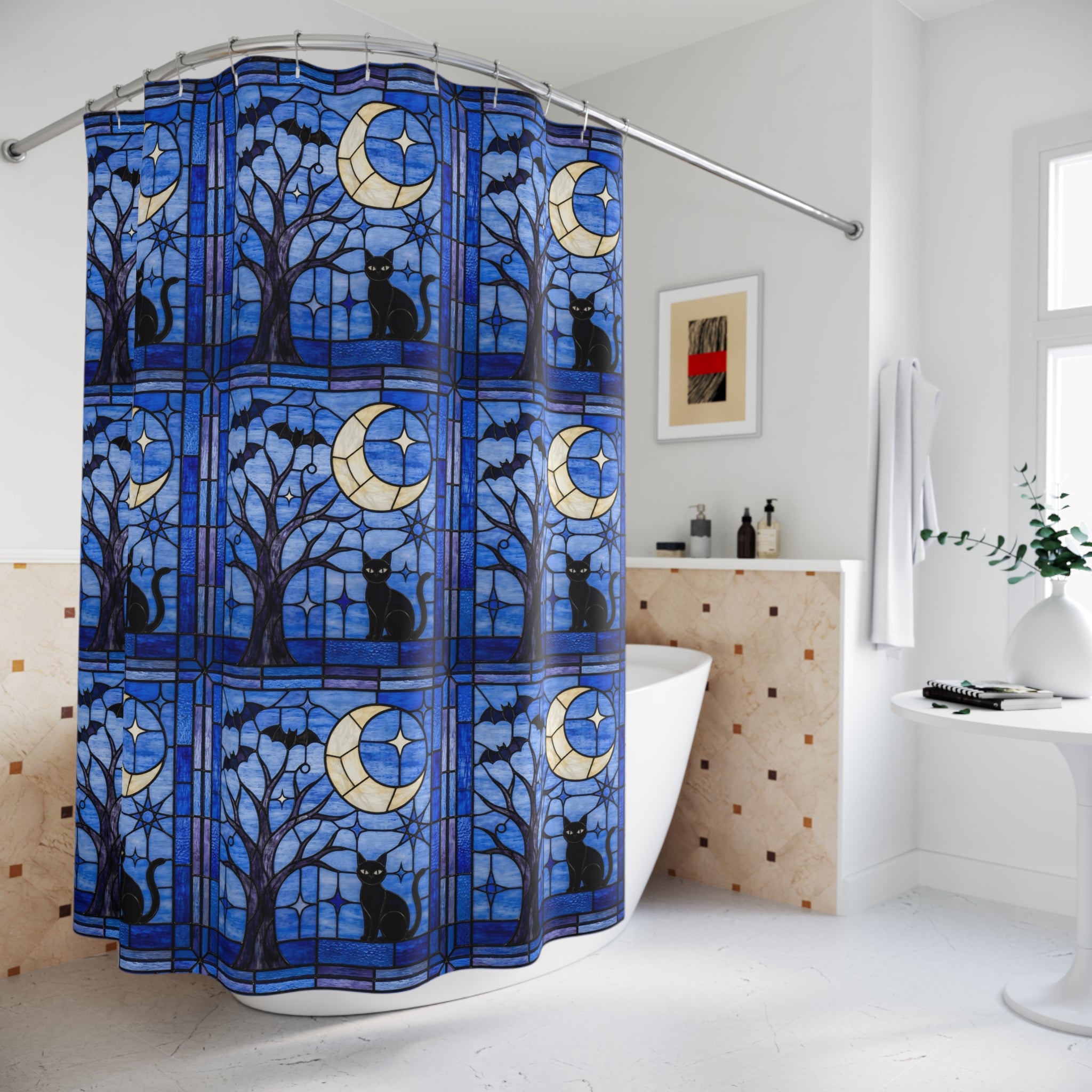 Halloween Stained Glass Style Night Sky Black Cat Shower Curtain - Mid Century Modern Gal