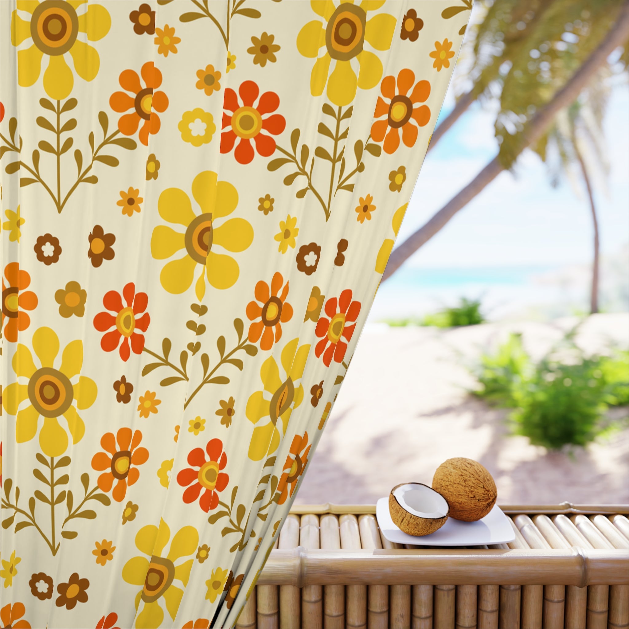 Flower Power Golden Yellow, Orange Mod Daisy 70s Retro Window Curtains (1 Piece) - Mid Century Modern Gal