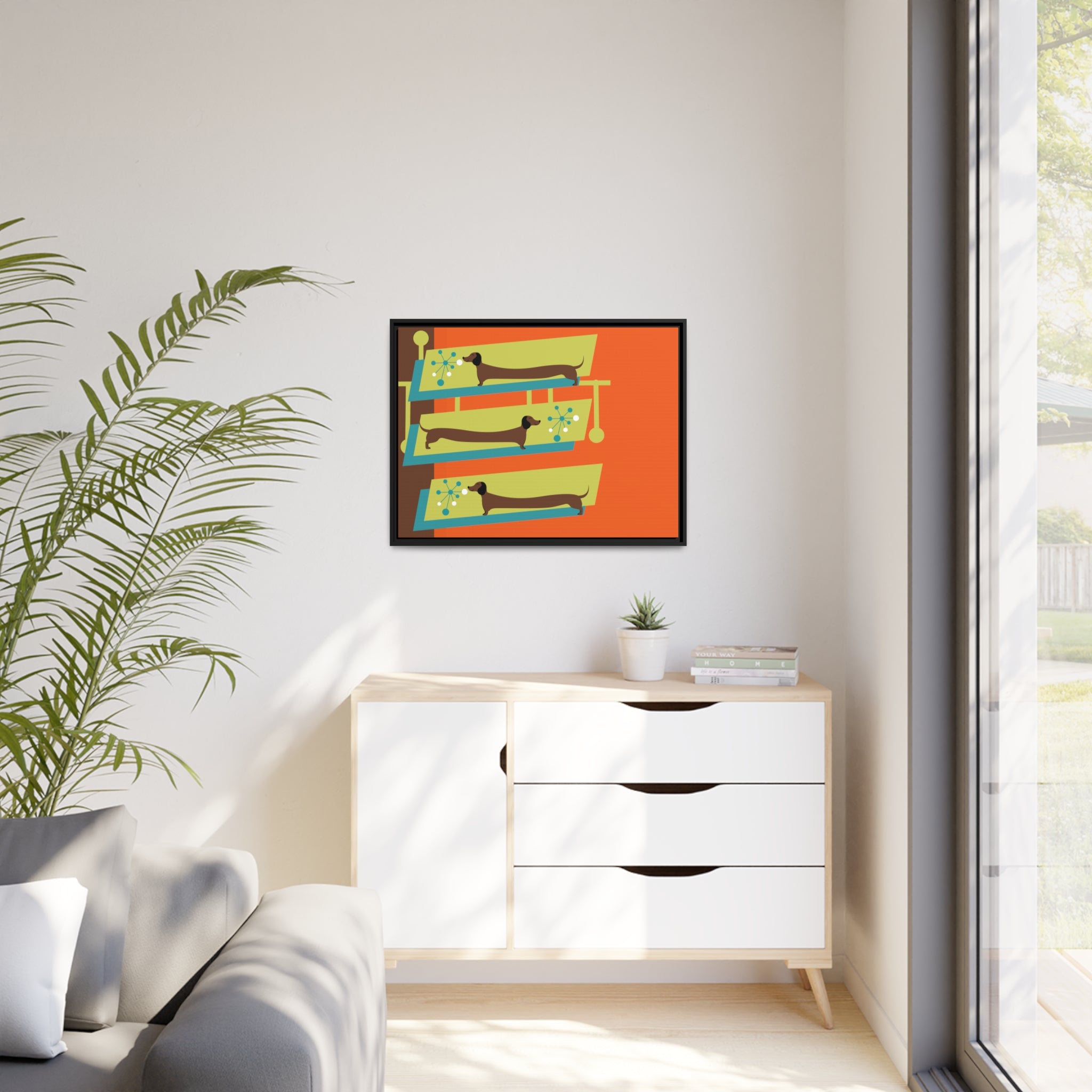 Mid Mod Doxie Dog MCM Wall Art, Orange, Green Teal, Mid Century Modern Wall Art - Mid Century Modern Gal