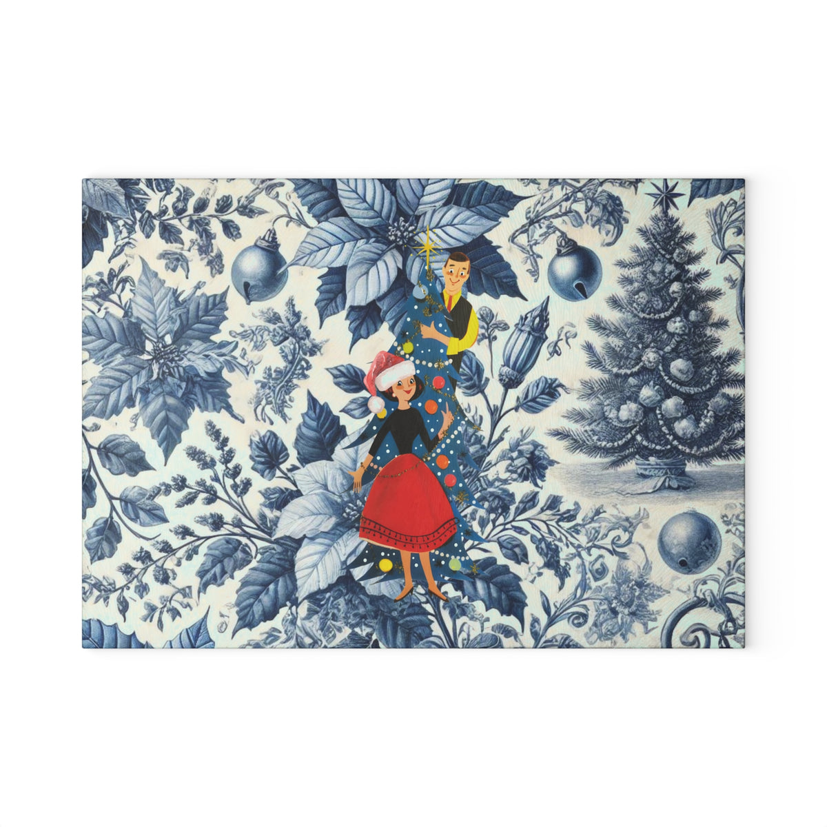 Christmas Toile, Blue White Kitschy Mod 50s Style Holiday Cheese Glass Cutting Board - Mid Century Modern Gal