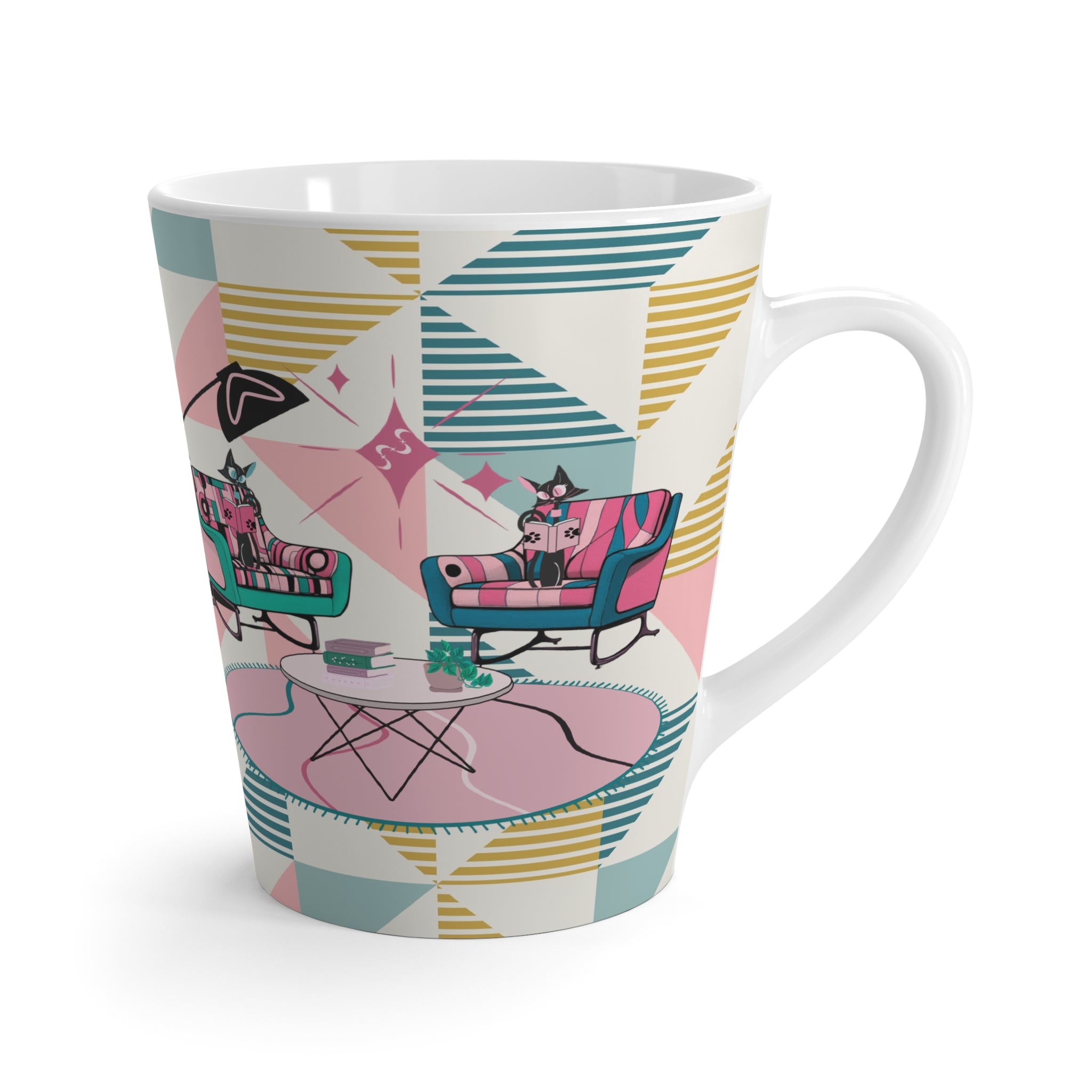 Mid-Century Modern Atomic Cats Reading, Book Club, Book Lover, Retro Latte Mug with Cozy Living Room Design - Mid Century Modern Gal