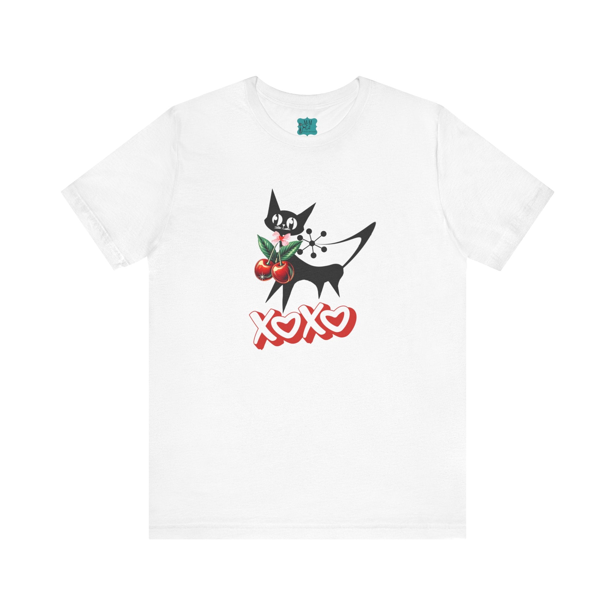 Atomic Cat Valentine Retro Cherries, Playful Cat Graphic Tee, XOXO Love Shirt, Gift for Cat Lovers, Fun Atomic Cherry 50s Fashion - Mid Century Modern Gal