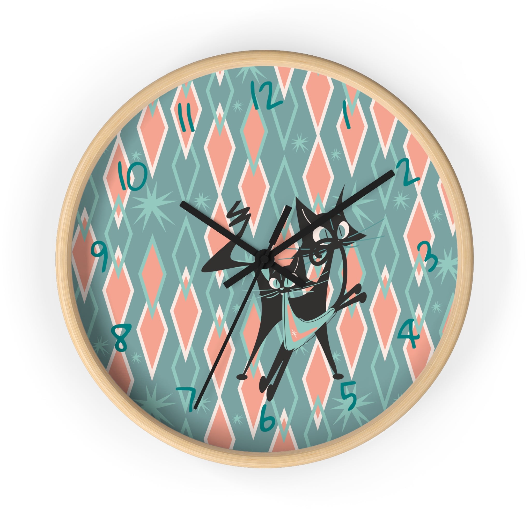 Retro Kitchen Wall Clock For Atomic Cat Black Cat Lovers, Mid Century Modern Designed, Teal, Pink Harlequin Diamond Designed MCM Clock - Mid Century Modern Gal