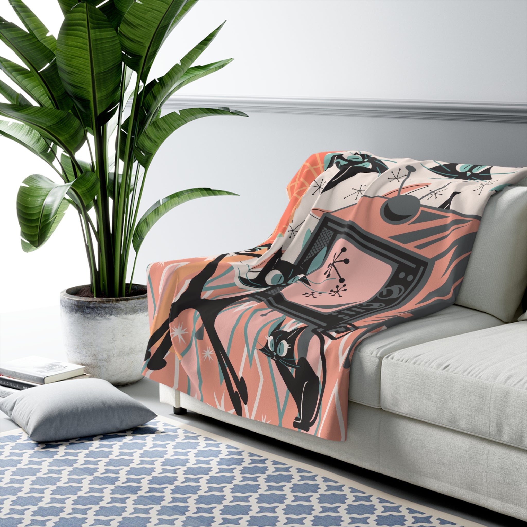 Atomic Cat Blanket, Mid Century Modern Diamond Pattern, Kitschy Cats, Whimsical Quirky Cozy Cat Lover Blanket - Mid Century Modern Gal