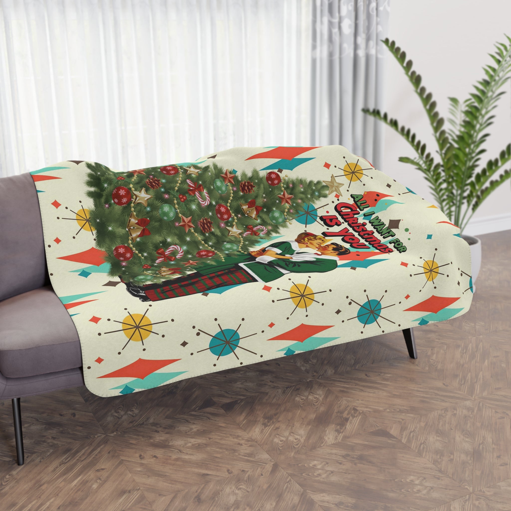 Mid Century Modern Christmas Franciscan Starburst Vintage Couple Cozy Holiday Blanket – &