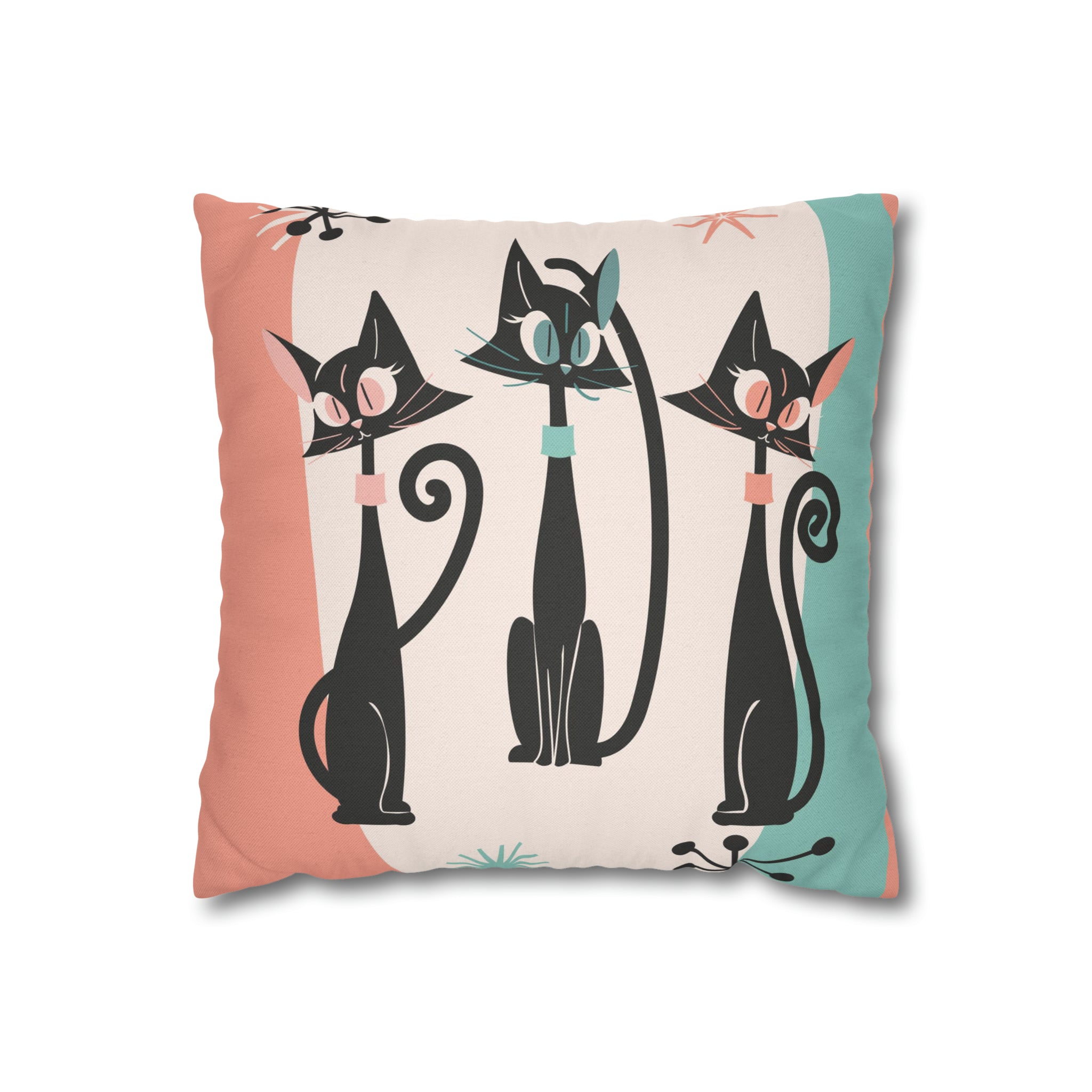 Atomic Cat Pillow, Kitschy 50s Mid Century Modern Style, Coral, Aqua, Creamy Beige, Retro MCM Atomic Home Living Pillow COVER - Mid Century Modern Gal