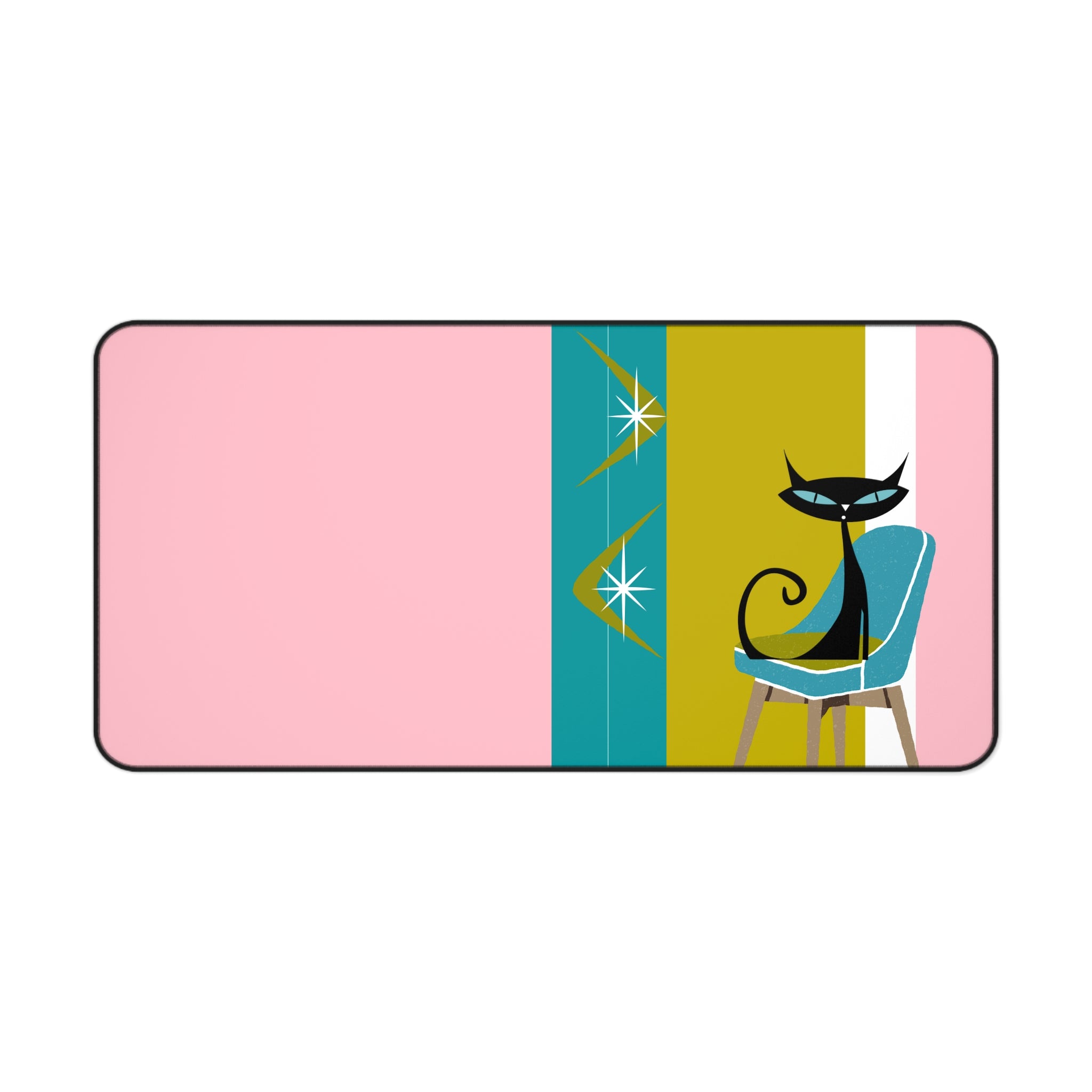 Atomic Cat Pink, Green, Teal Blue Retro Atomic Boomerang Desk Mat - Mid Century Modern Gal