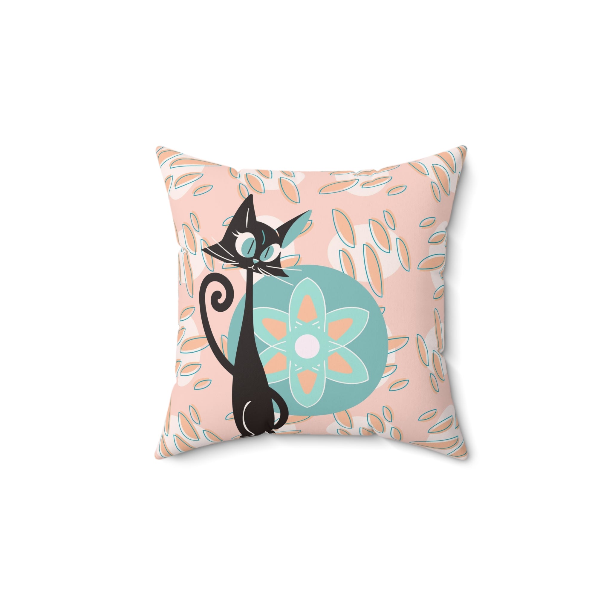 Atomic Cat, Groovy Retro Mid Century Modern Coral Pink, Blue, Orange, Hipster Pillow And Insert - Mid Century Modern Gal