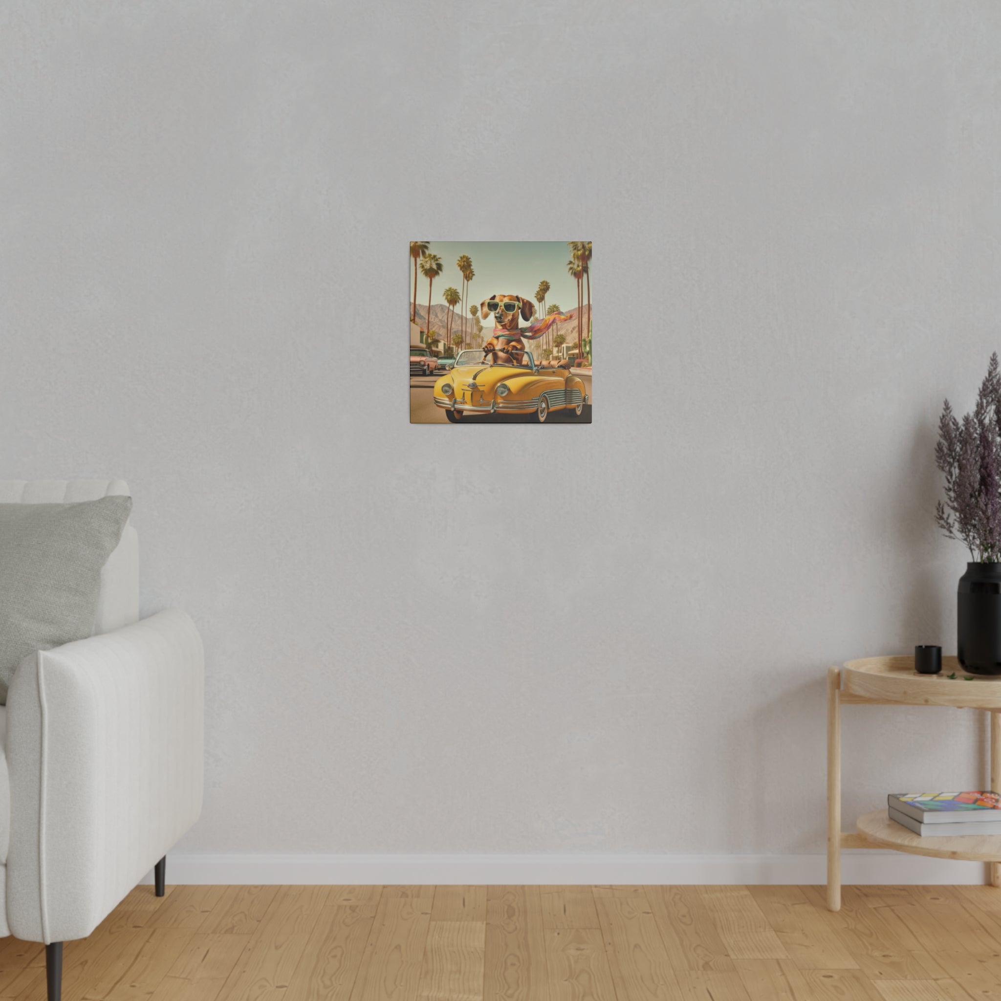 Funny Doxie Dachshund Palm Spring California Driving 50s Inspired Kitschy Wall Art - Mid Century Modern Gal