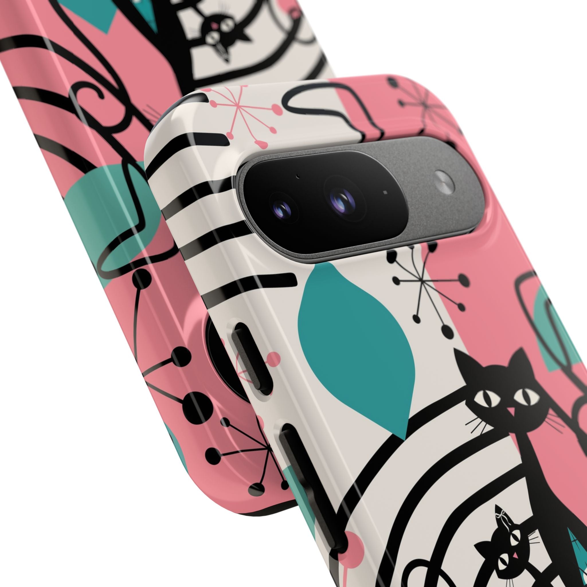 Mid Mod Atomic Cat Boomerang Starburst, Pink, Black Kitschy Stylish Cat Phone Case: Modern Design for Cat Lovers