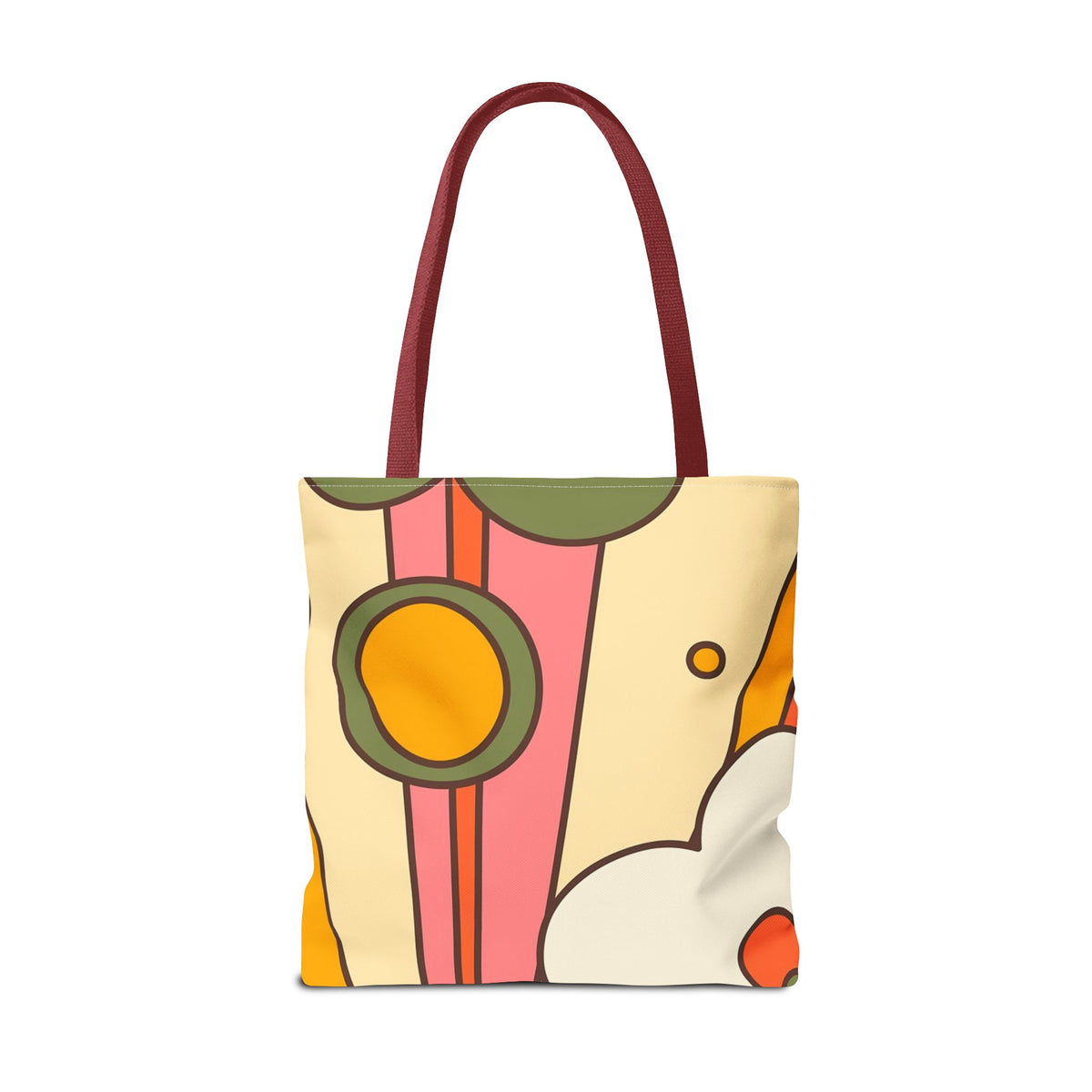 Retro tote bag featuring a groovy mod design with playful shapes and colors, perfect for pickleball lovers.