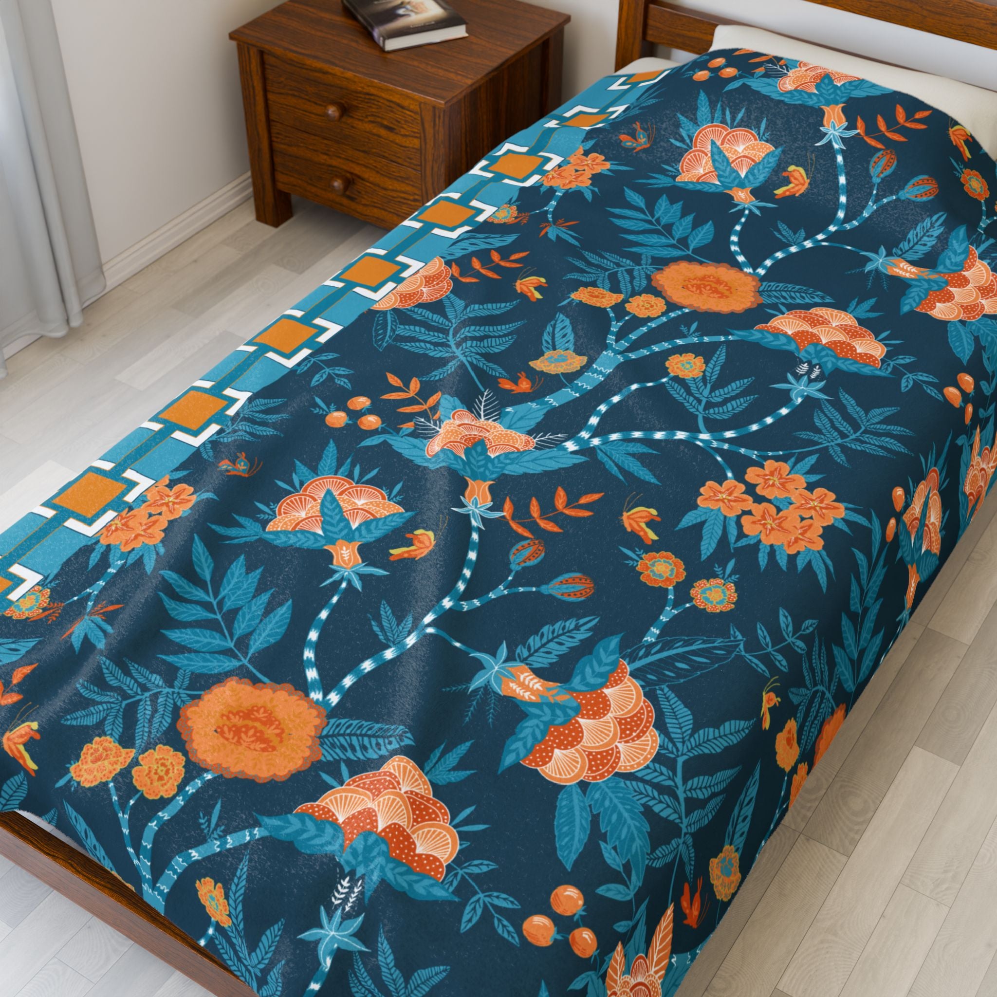 Chinoiserie Throw Blanket Blue, Orange Tropical Floral Velveteen Plush Blanket - Cozy Home Decor for All Seasons - Mid Century Modern Gal