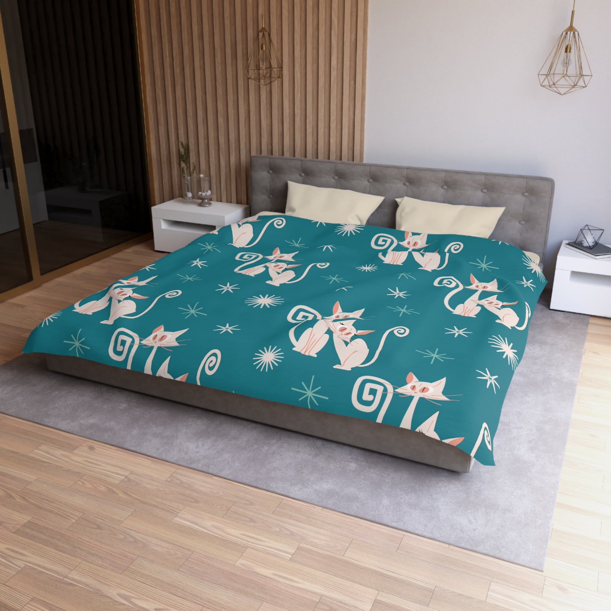 Mid Century Modern Atomic Kitty Cats, Teal, Starburst, MCM Microfiber Duvet Cover - Mid Century Modern Gal