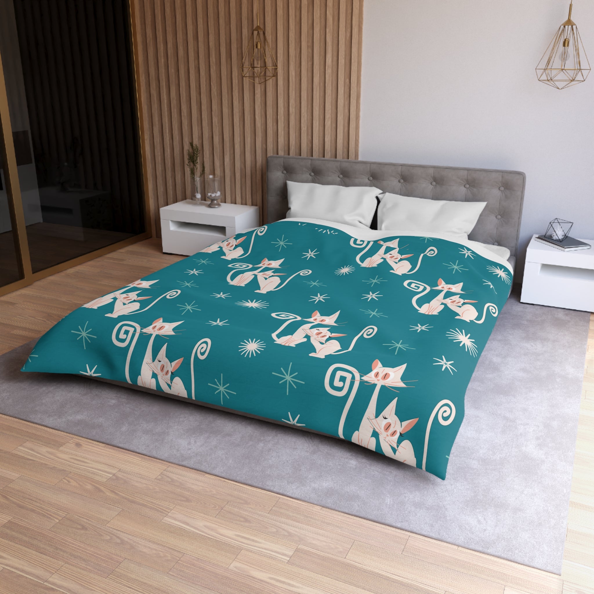 Mid Century Modern Atomic Kitty Cats, Teal, Starburst, MCM Microfiber Duvet Cover - Mid Century Modern Gal