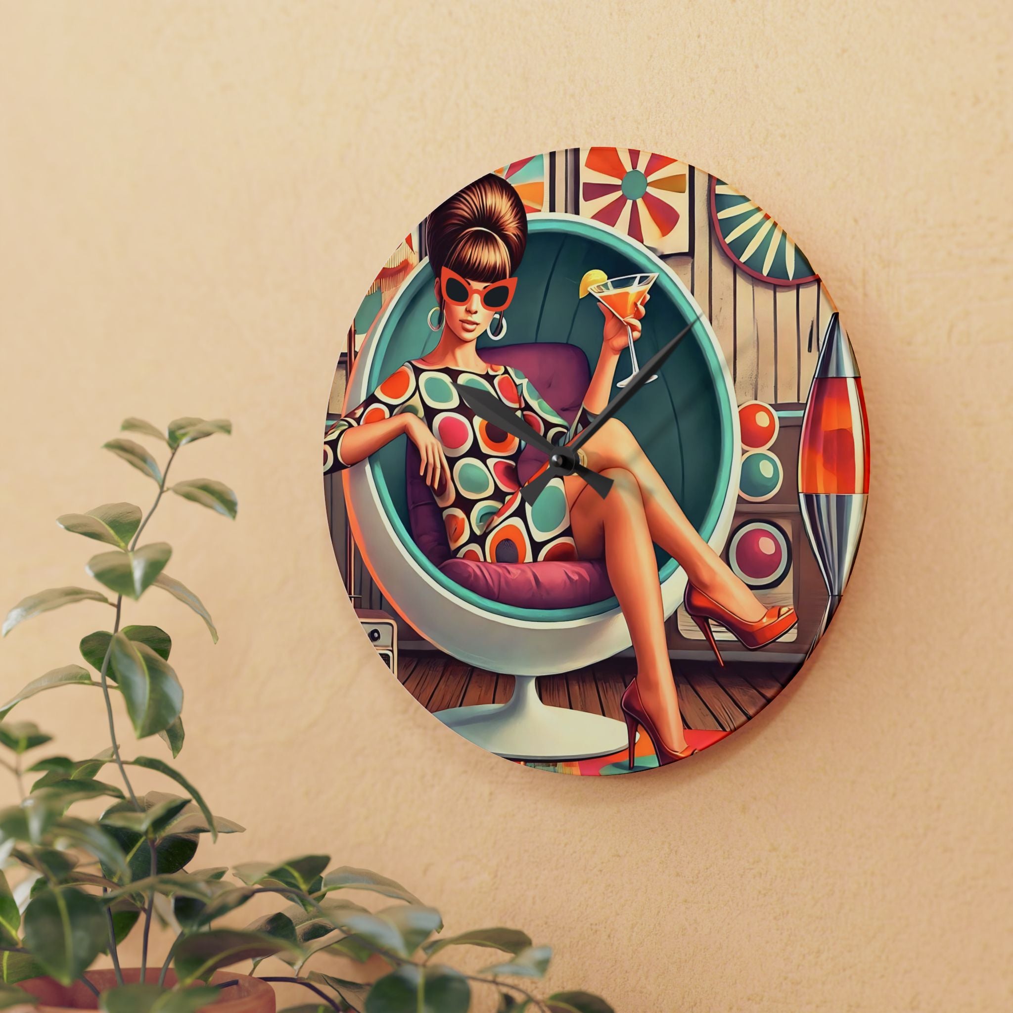 60s Mod Gal, Mid Century Modern Kitschy Acrylic Wall Clock - Mid Century Modern Gal
