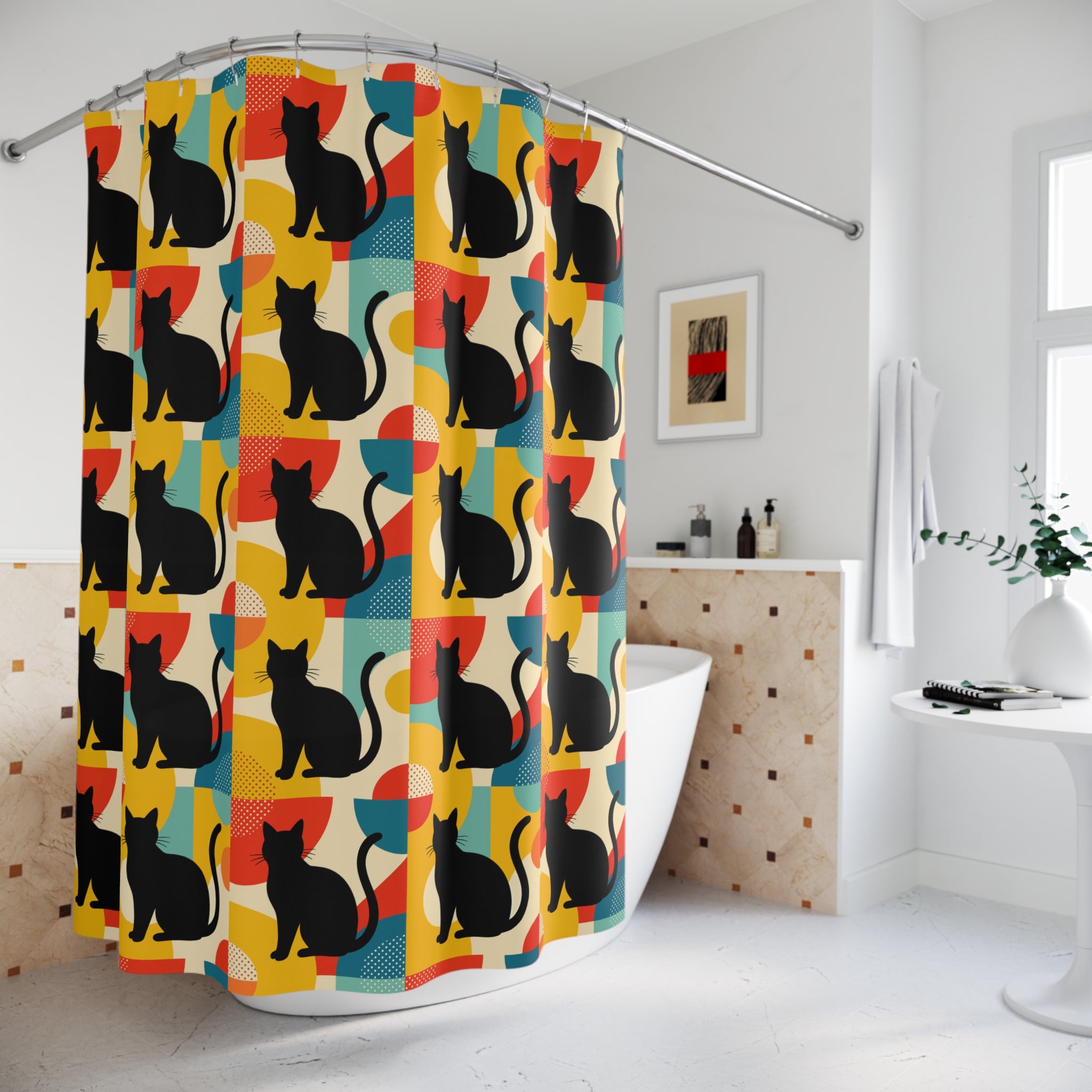Pop Art Black Atomic Cats, Red Yellow Blue, Shower Curtain - Mid Century Modern Gal