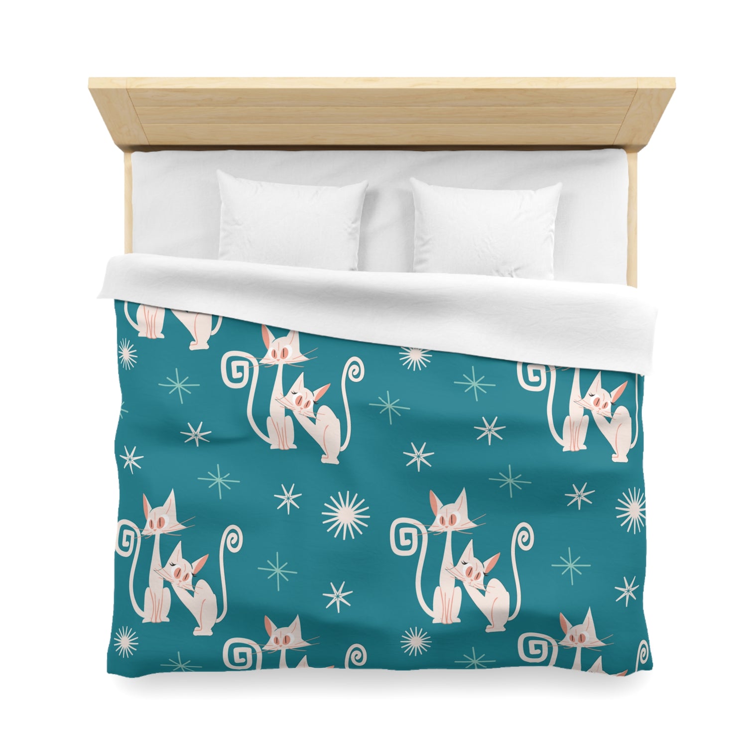 Mid Century Modern Atomic Kitty Cats, Teal, Starburst, MCM Microfiber Duvet Cover - Mid Century Modern Gal