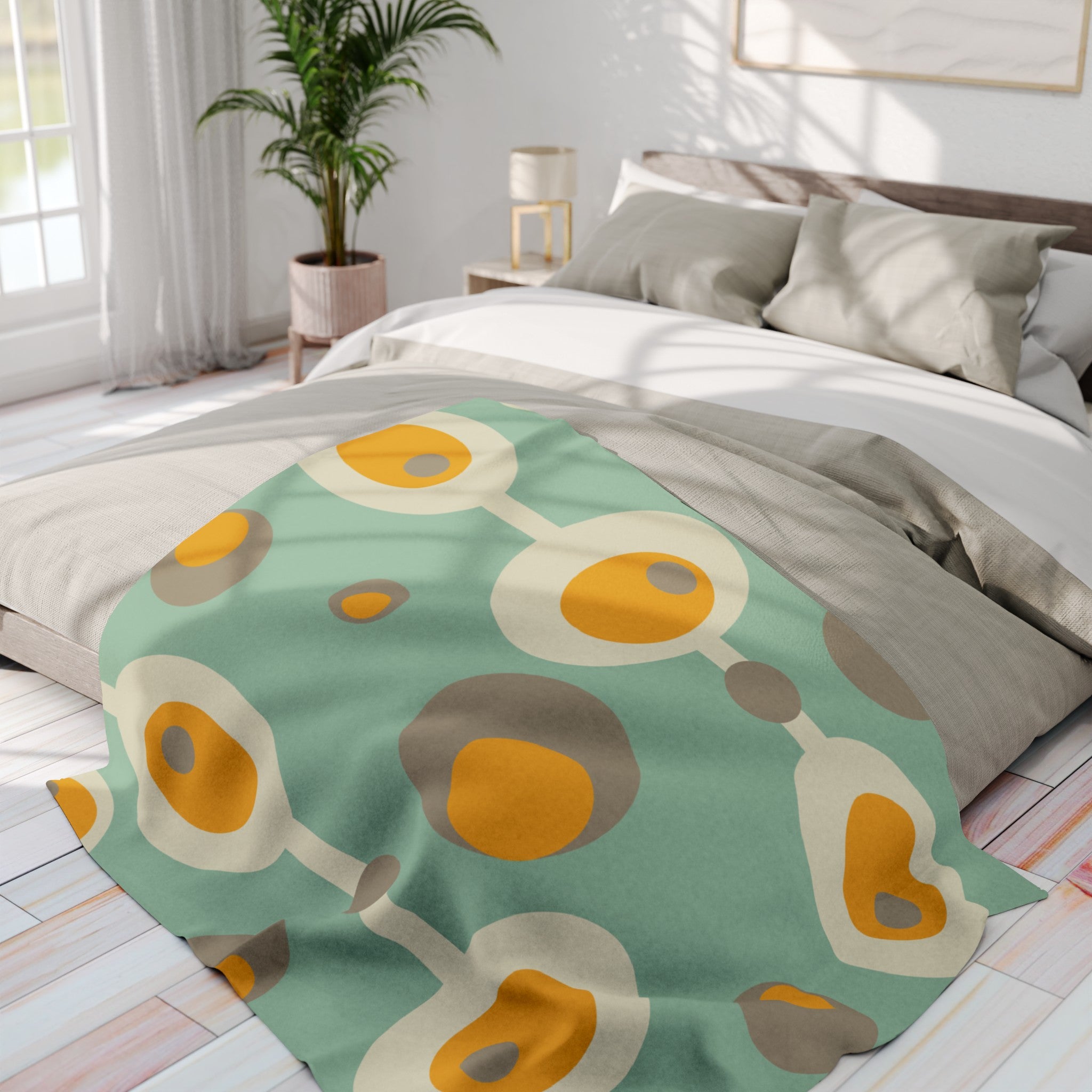 Mid Century Modern Mint Green, Mustard Yellow Mod Orb MCM Lightweight Fleece Blanket - Mid Century Modern Gal