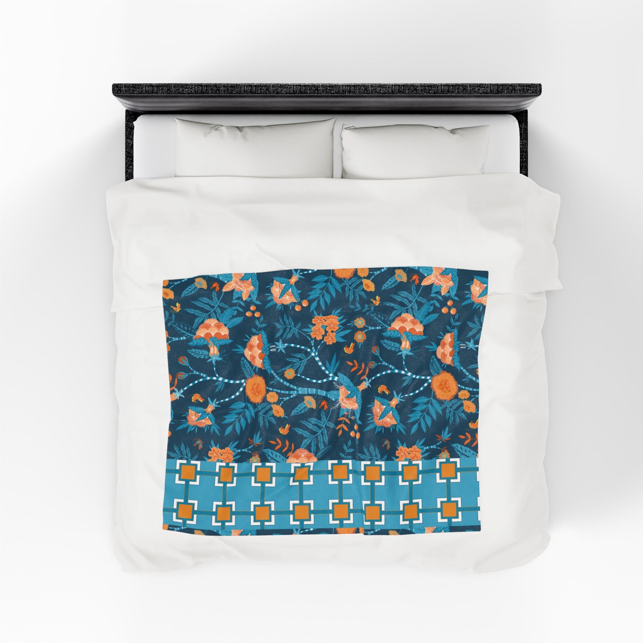 Chinoiserie Throw Blanket Blue, Orange Tropical Floral Velveteen Plush Blanket - Cozy Home Decor for All Seasons - Mid Century Modern Gal