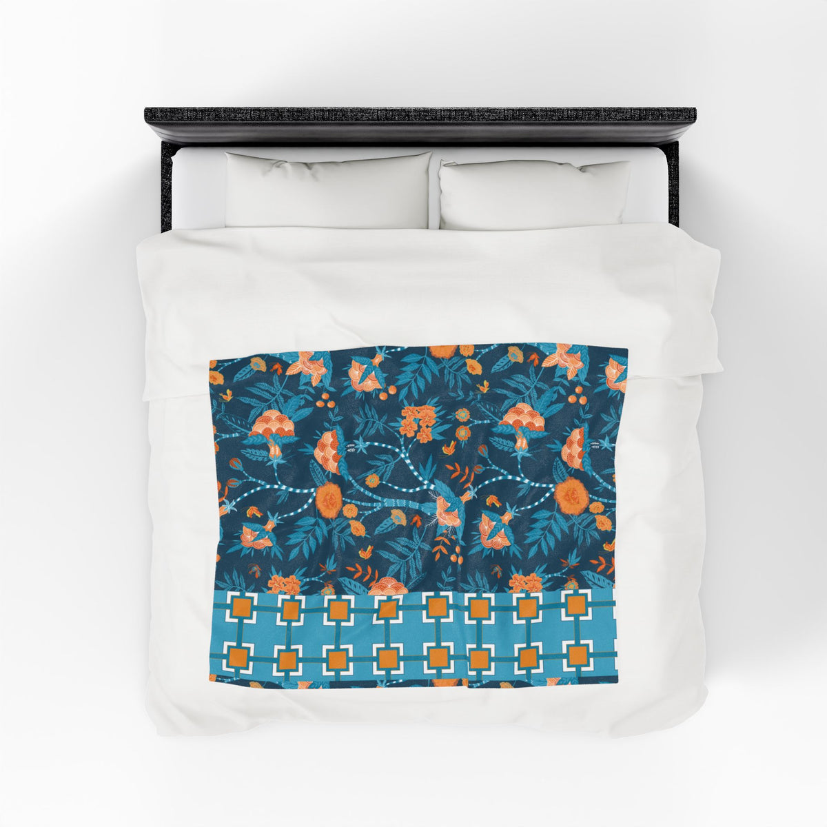 Chinoiserie Throw Blanket Blue, Orange Tropical Floral Velveteen Plush Blanket - Cozy Home Decor for All Seasons - Mid Century Modern Gal