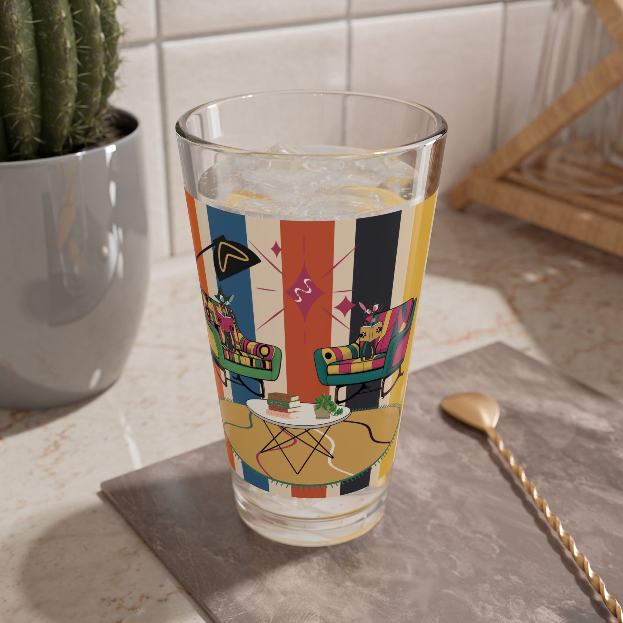 Atomic Kitschy Cats, Book Lover, Book Club Colorful Retro Glass - Vibrant Drinkware for Home Entertaining - Mid Century Modern Gal