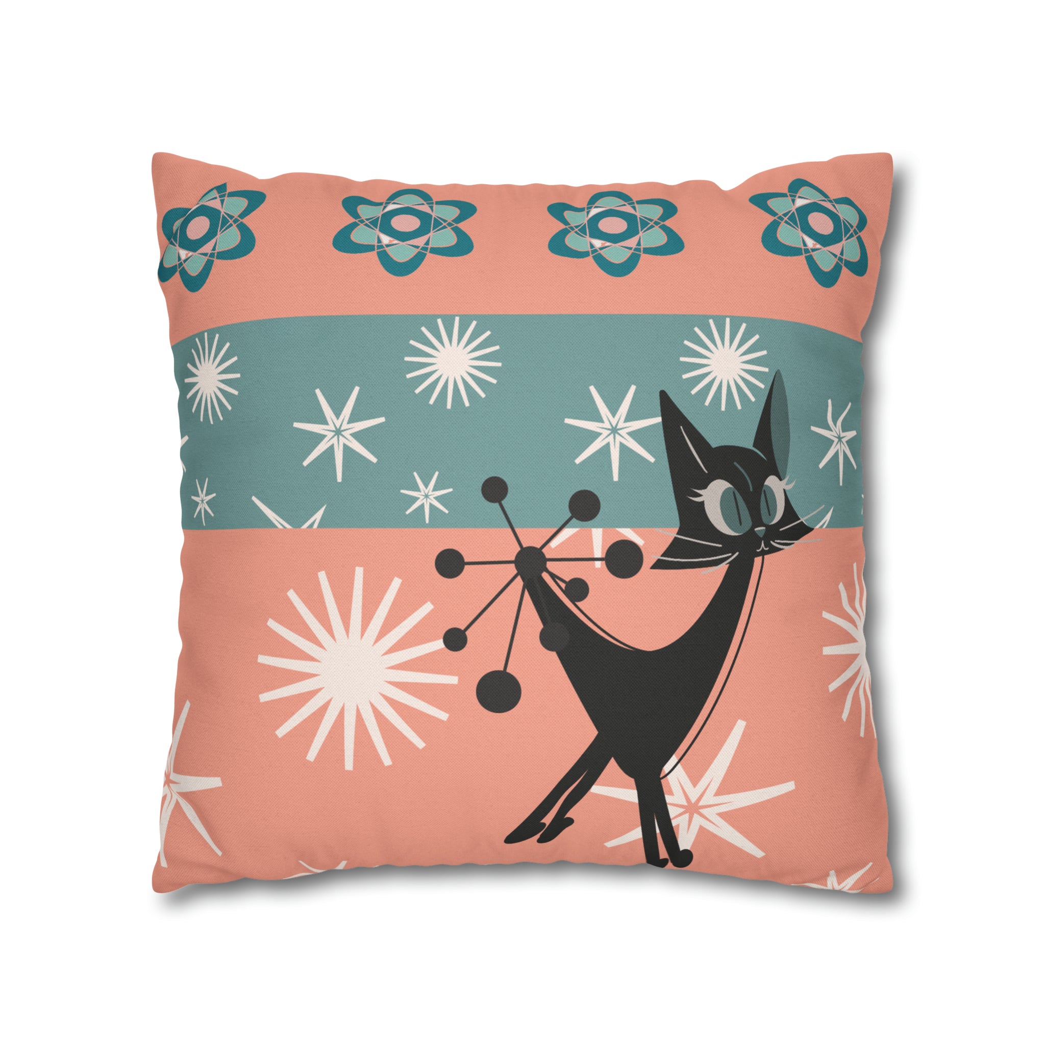 Atomic Kitschy Kittie, Black Cat Lover, Mid Century Modern Boomerang, Retro Coral, Teal, Starburst, 50s Pillow Case Cover - Mid Century Modern Gal