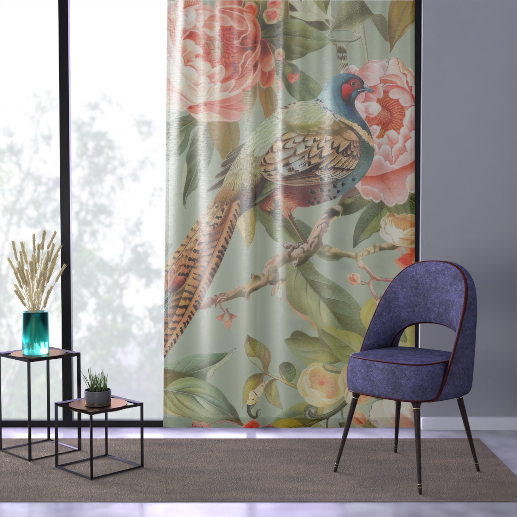 Chinoiserie Window Curtains Floral Pheasant Bird Window Curtain, Elegant Home Decor, Living Room Accent, Bohemian - Mid Century Modern Gal