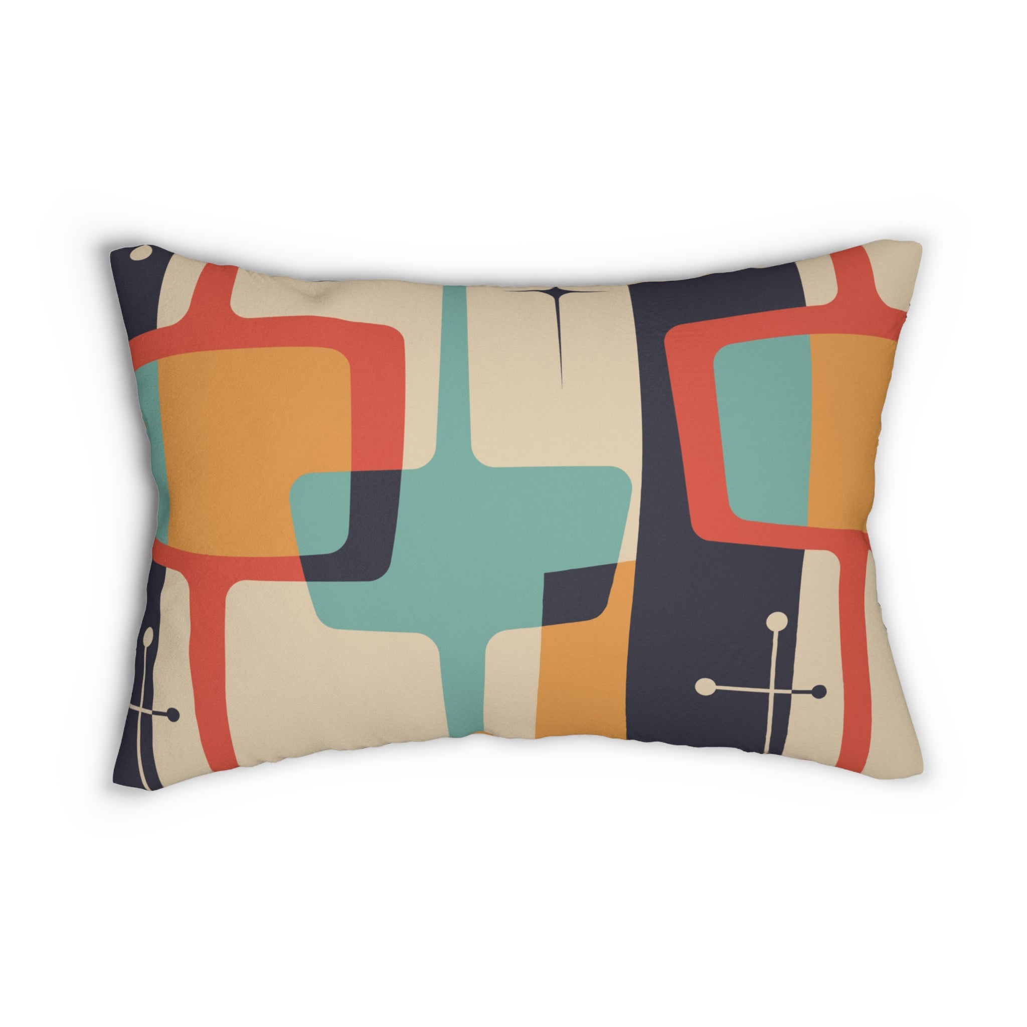 Mid Century Modern Geometric, Teal Aqua Blue, Mustard Yellow, Coral, Atomic Starburst Retro Lumbar Pillow - Mid Century Modern Gal