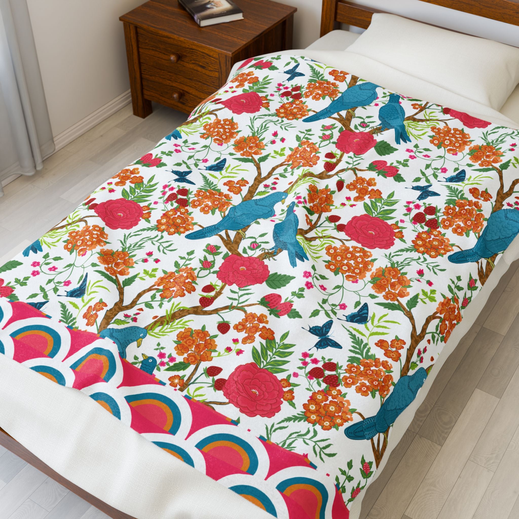 Chinoiserie Throw Blanket, Blue Pink, Birds Tropical Floral Velveteen Plush Blanket - Cozy Decor for Home - Mid Century Modern Gal
