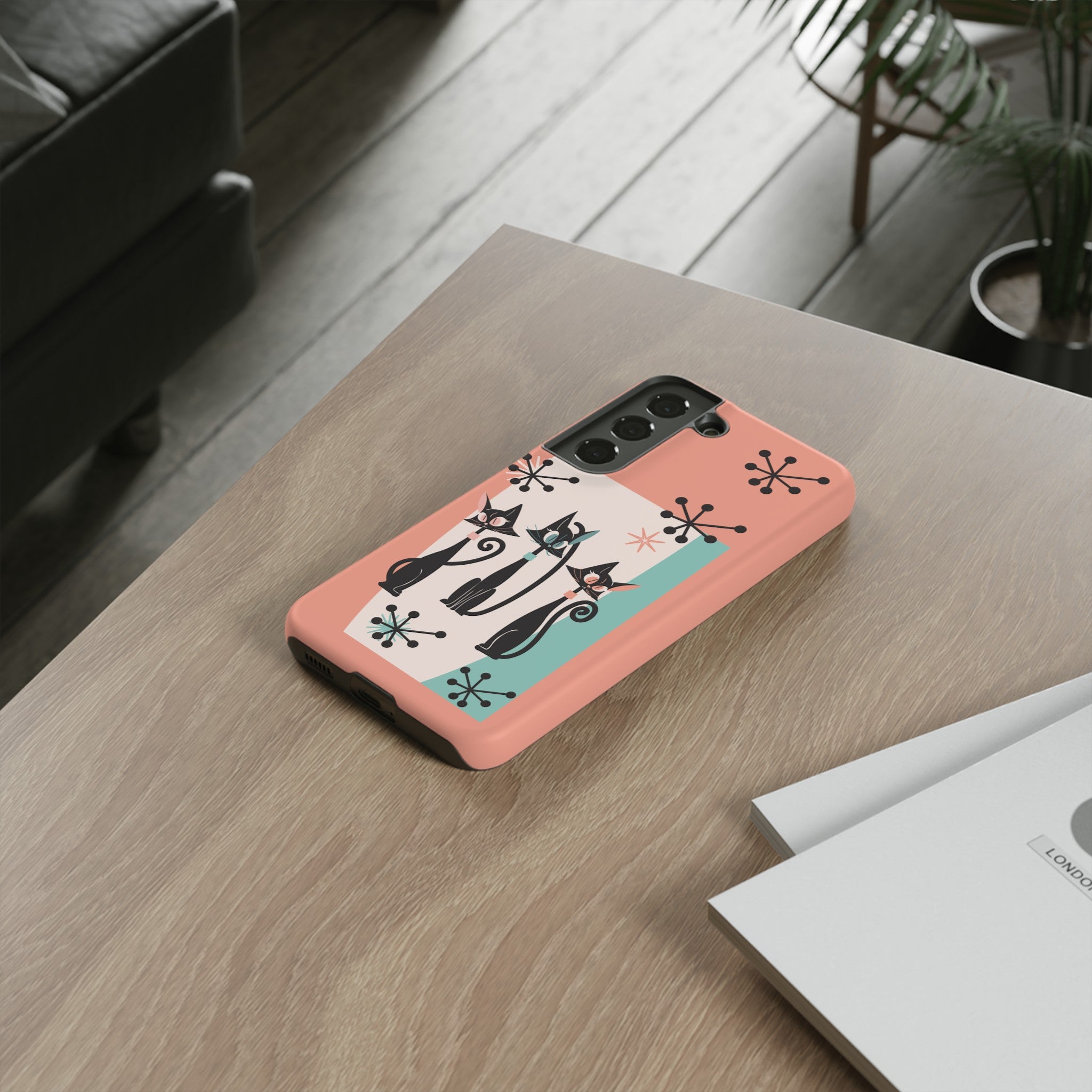 Atomic Cat Mid Mod Coral Aqua Blue Starburst Kitschy Fun Chic Samsung, Smart Phones Tough Cases - Mid Century Modern Gal