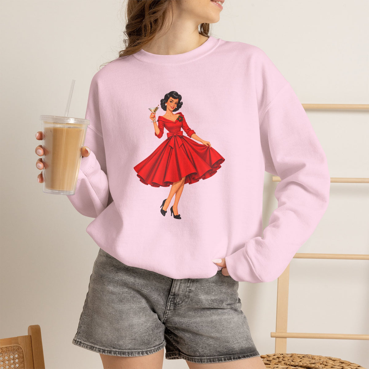 Mid Century Modern Christmas Martini Gal Unisex Heavy Blend™ Crewneck Sweatshirt - Mid Century Modern Gal