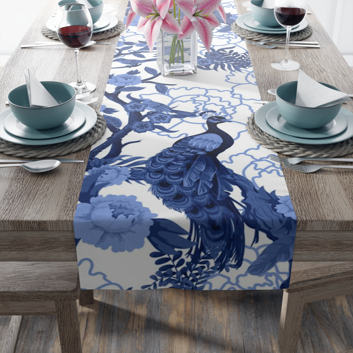 Chinoiserie Exoctic Birds, Tranquil Blue White Table Runner - Mid Century Modern Gal