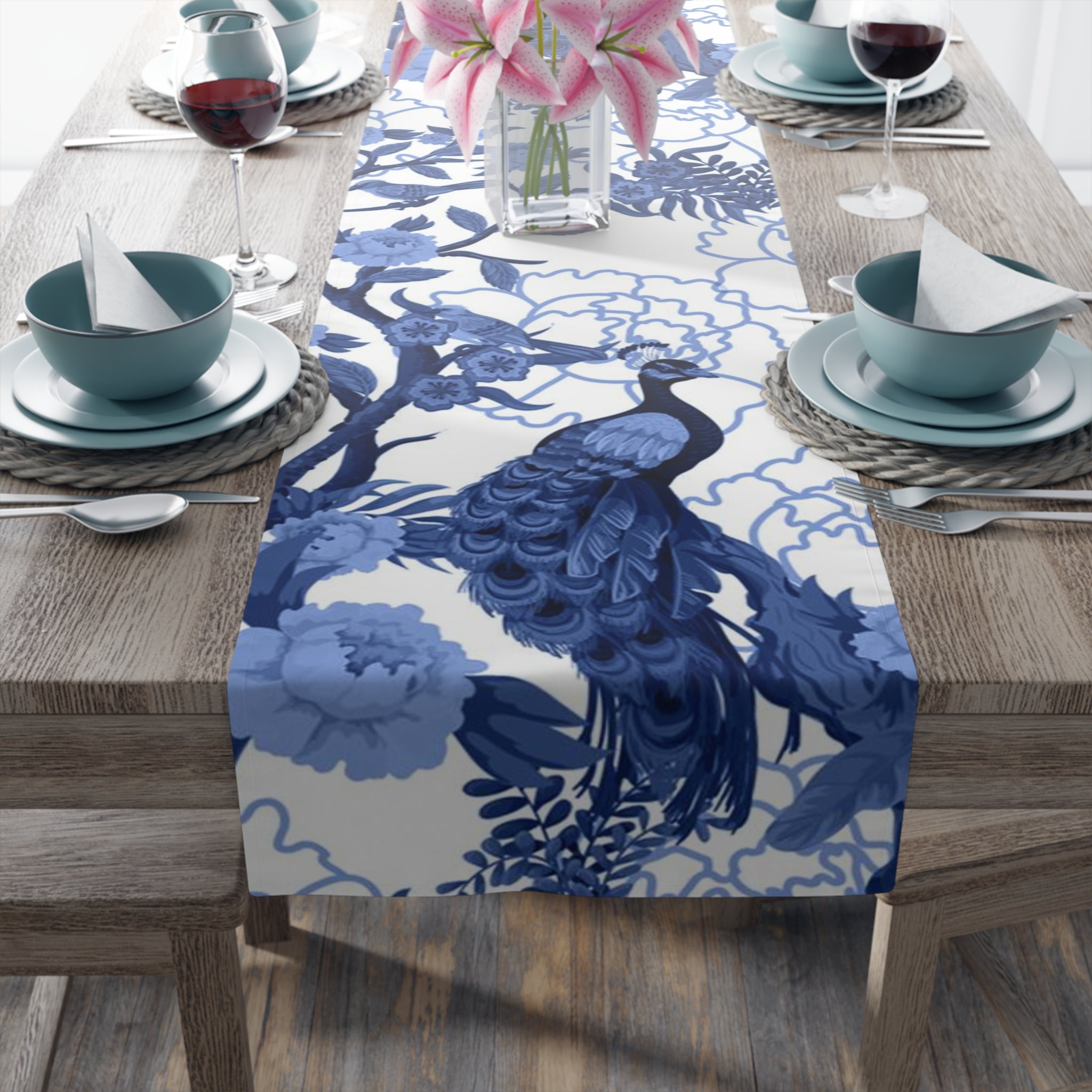 Chinoiserie Exoctic Birds, Tranquil Blue White Table Runner - Mid Century Modern Gal