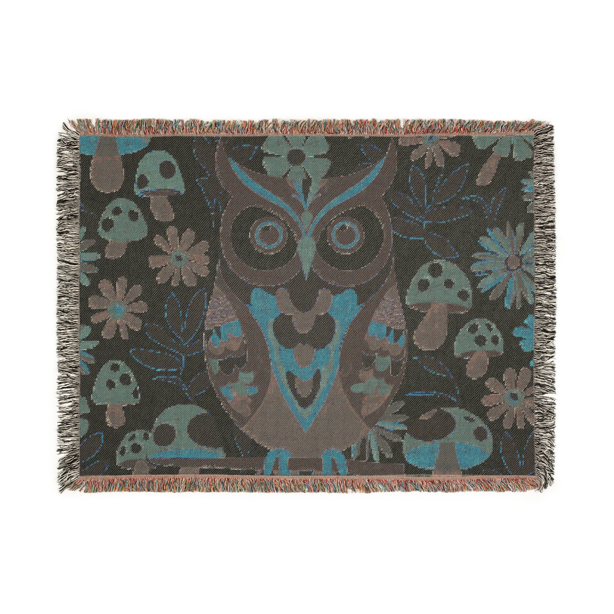 Retro Owl, Groovy 70s Mushroom Mid Mod Owl Woven Blanket - Cozy Home Decor for Nature Lovers - Mid Century Modern Gal
