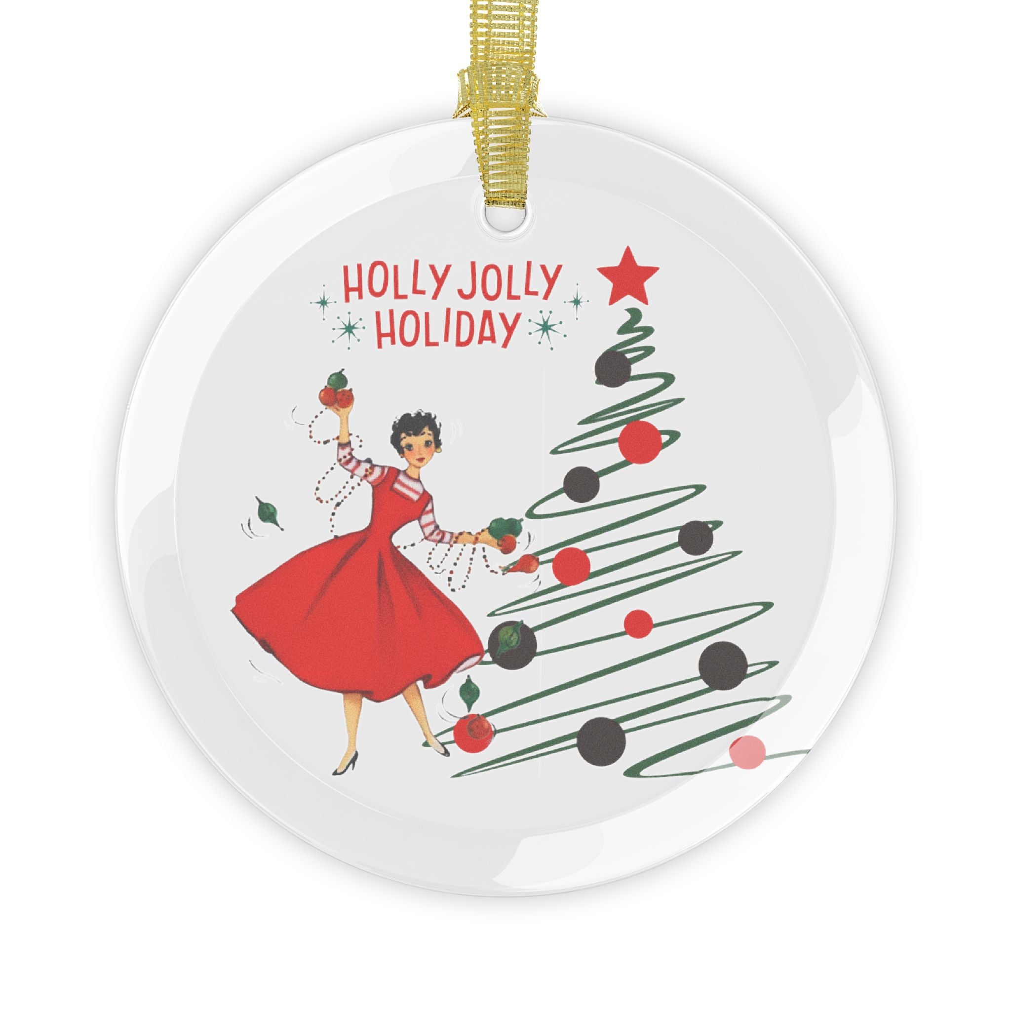 Mid Century Modern Christmas Holly Jolly Holiday Glass Ornament- Vintage 50s Kitsch Christmas Decor - Mid Century Modern Gal