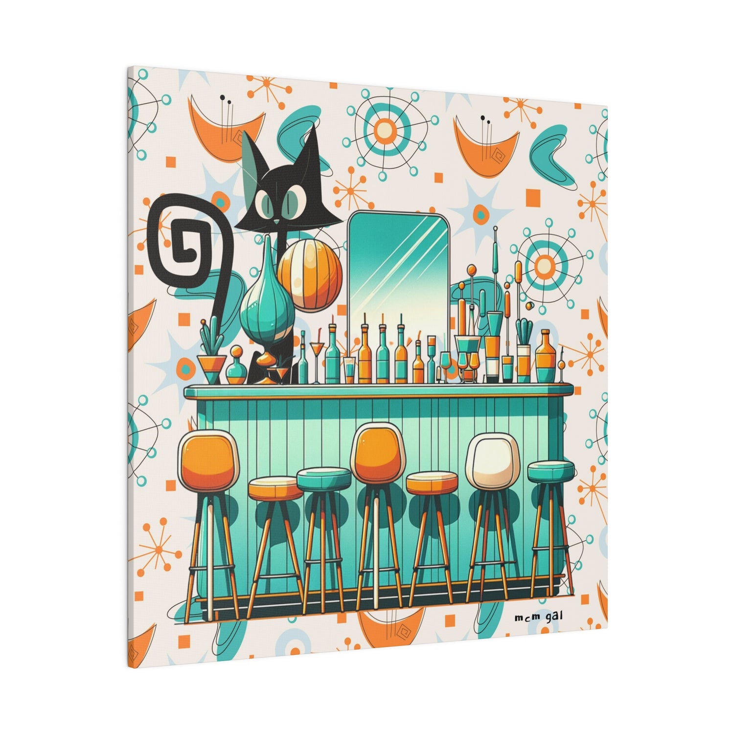 Atomic Cat, Mid Century Modern Kitschy Bar, Orange, Teal Mid Century Modern Wall Art - Mid Century Modern Gal
